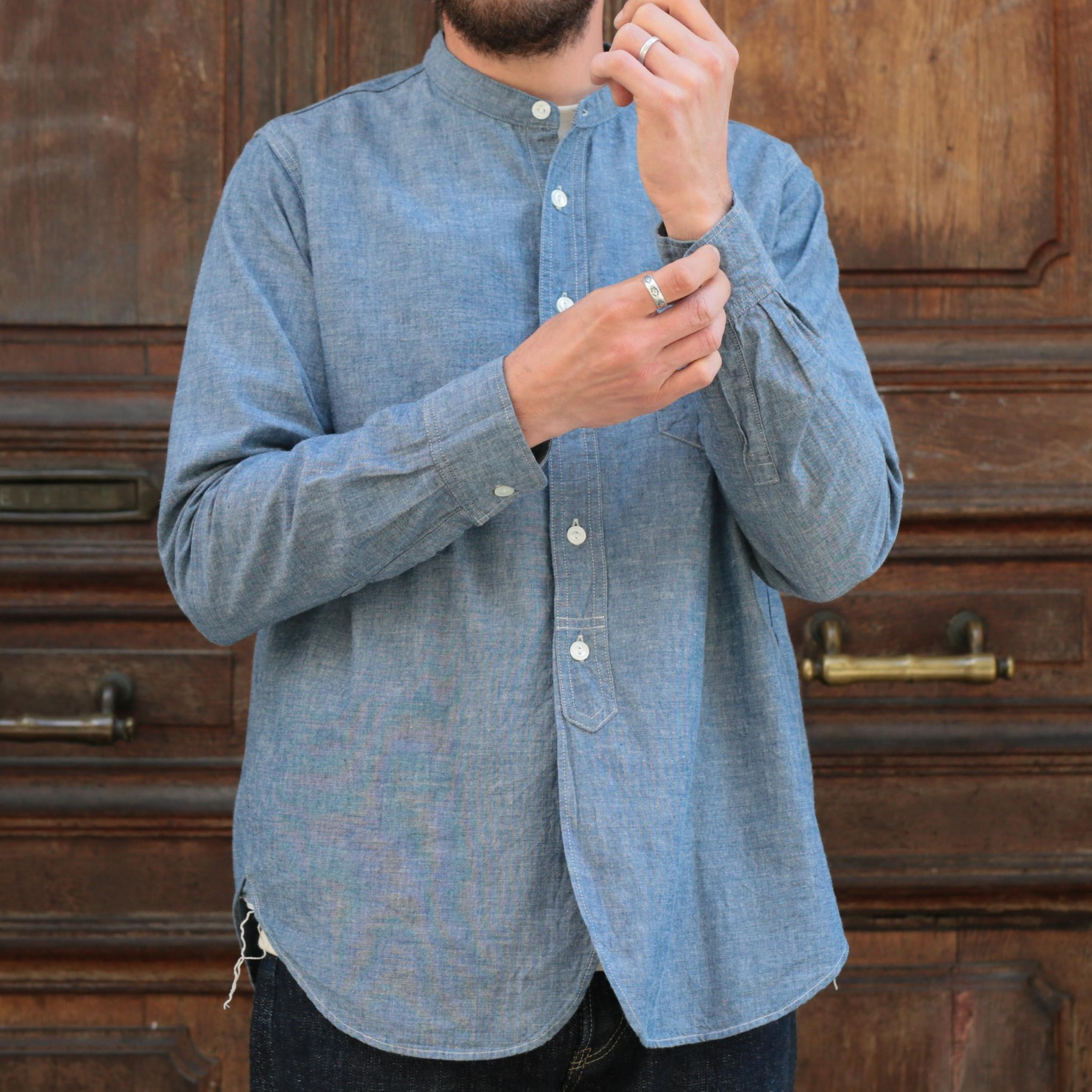 F3428 Selvedge Chambray Band Collar Shirt