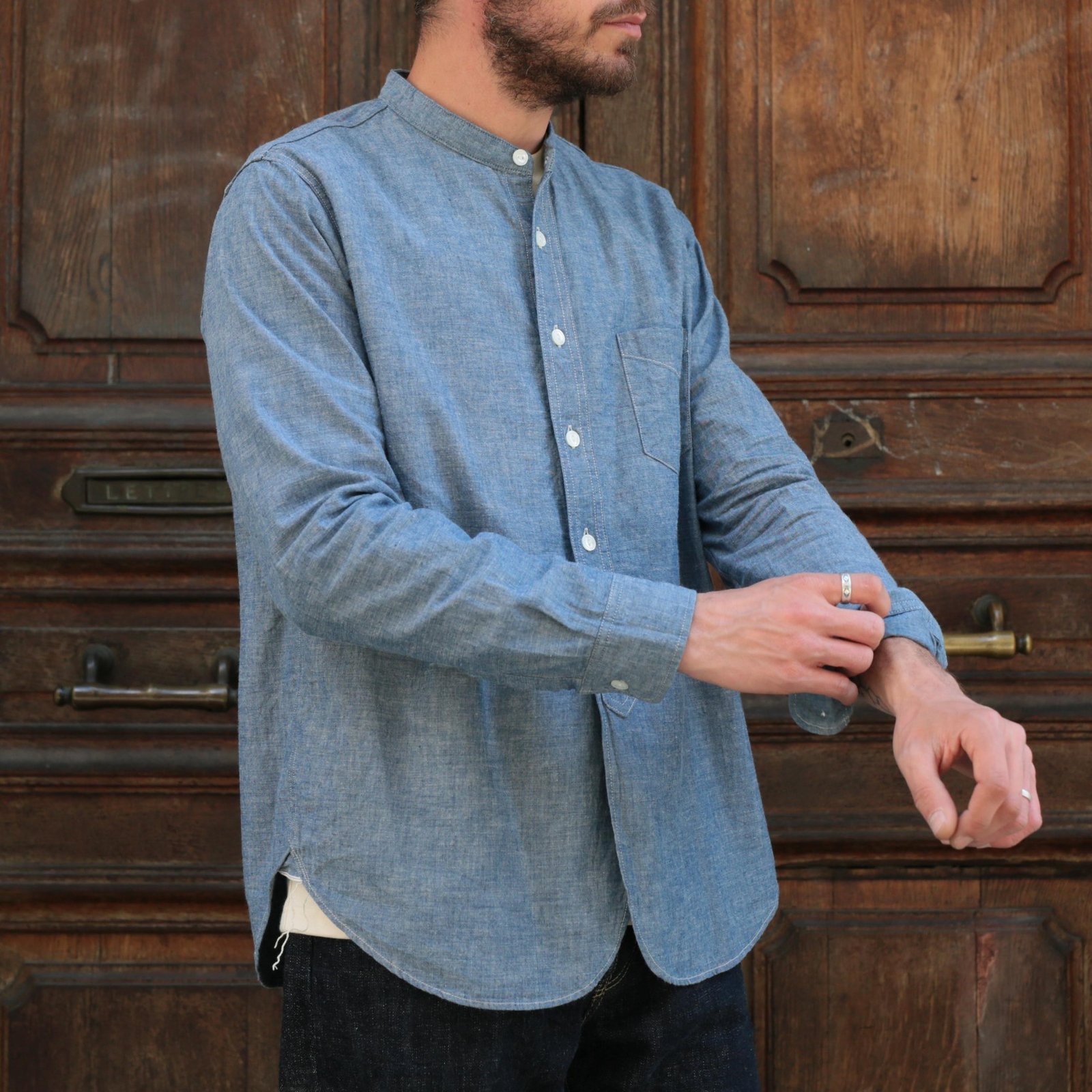 F3428 Selvedge Chambray Band Collar Shirt