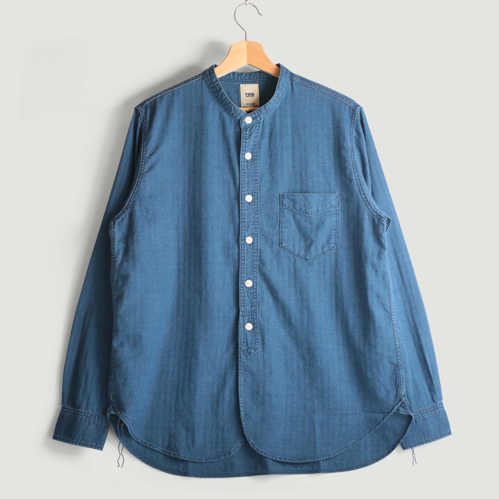 F3486 Indigo Herringbone Band Collar Shirt