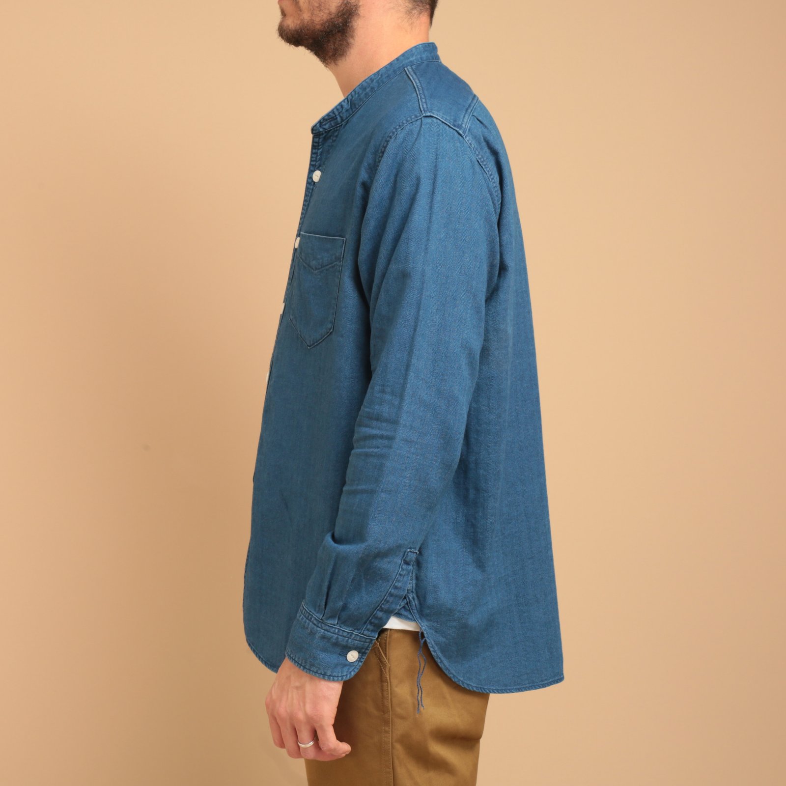 F3486 Indigo Herringbone Band Collar Shirt