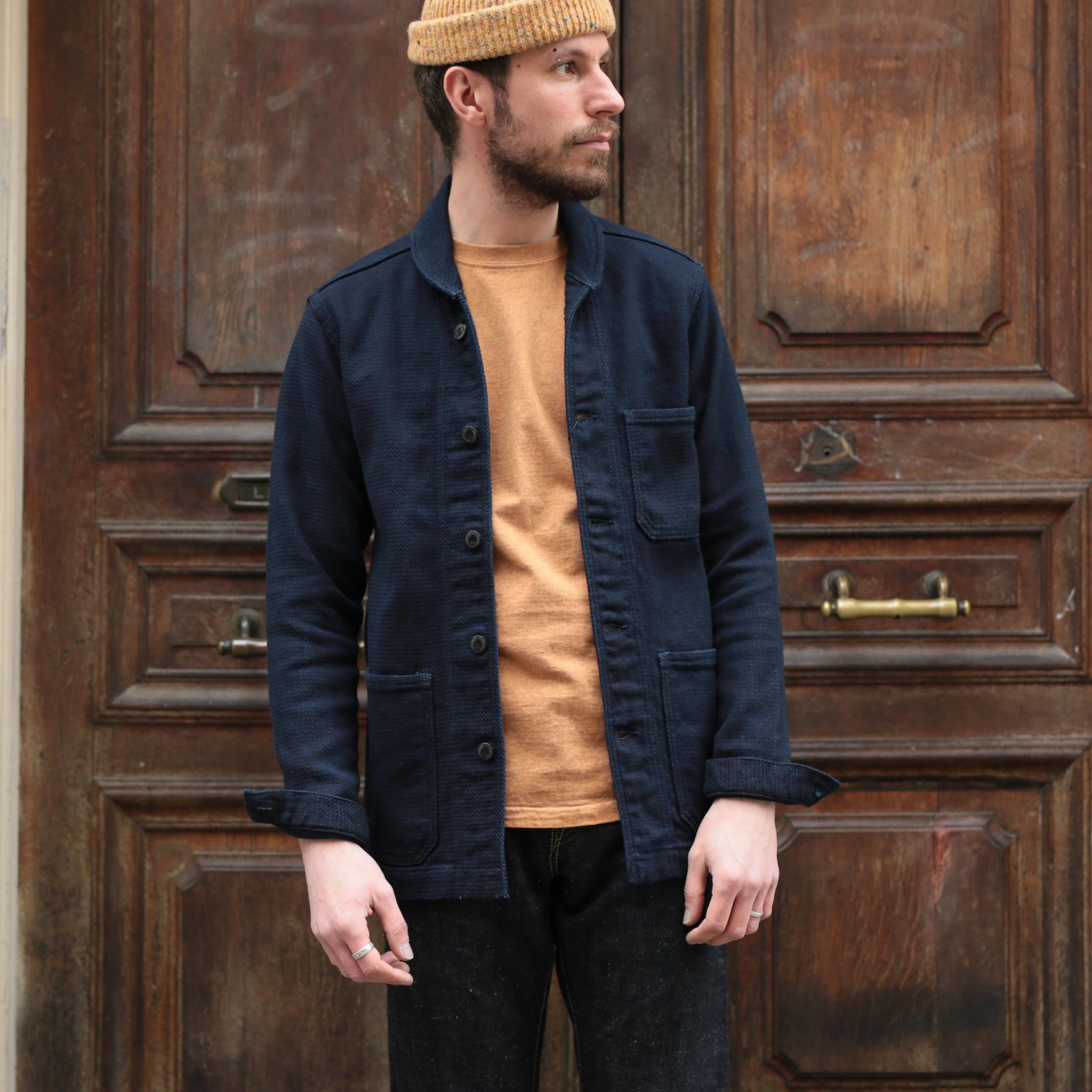 worn front-flâneurs-MOMOTARO-Dobby-Coverall-Jacket-indigo