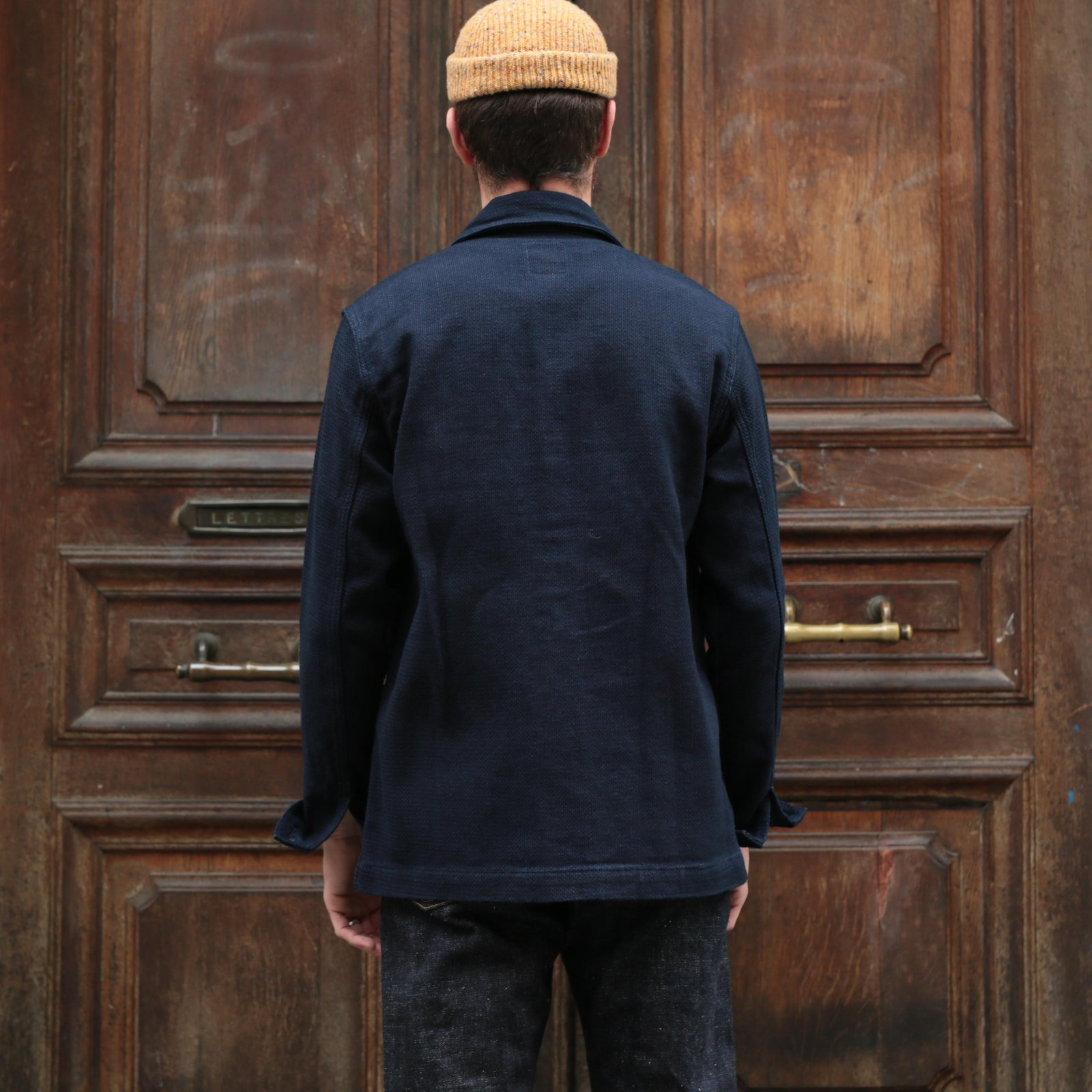 worn back-flâneurs-MOMOTARO-Dobby-Coverall-Jacket-indigo