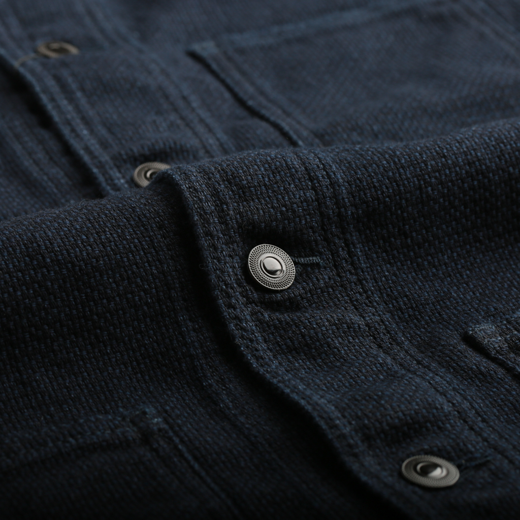 MOMOTARO Dobby Coverall Jacket in Indigo with Buttons and Loafers