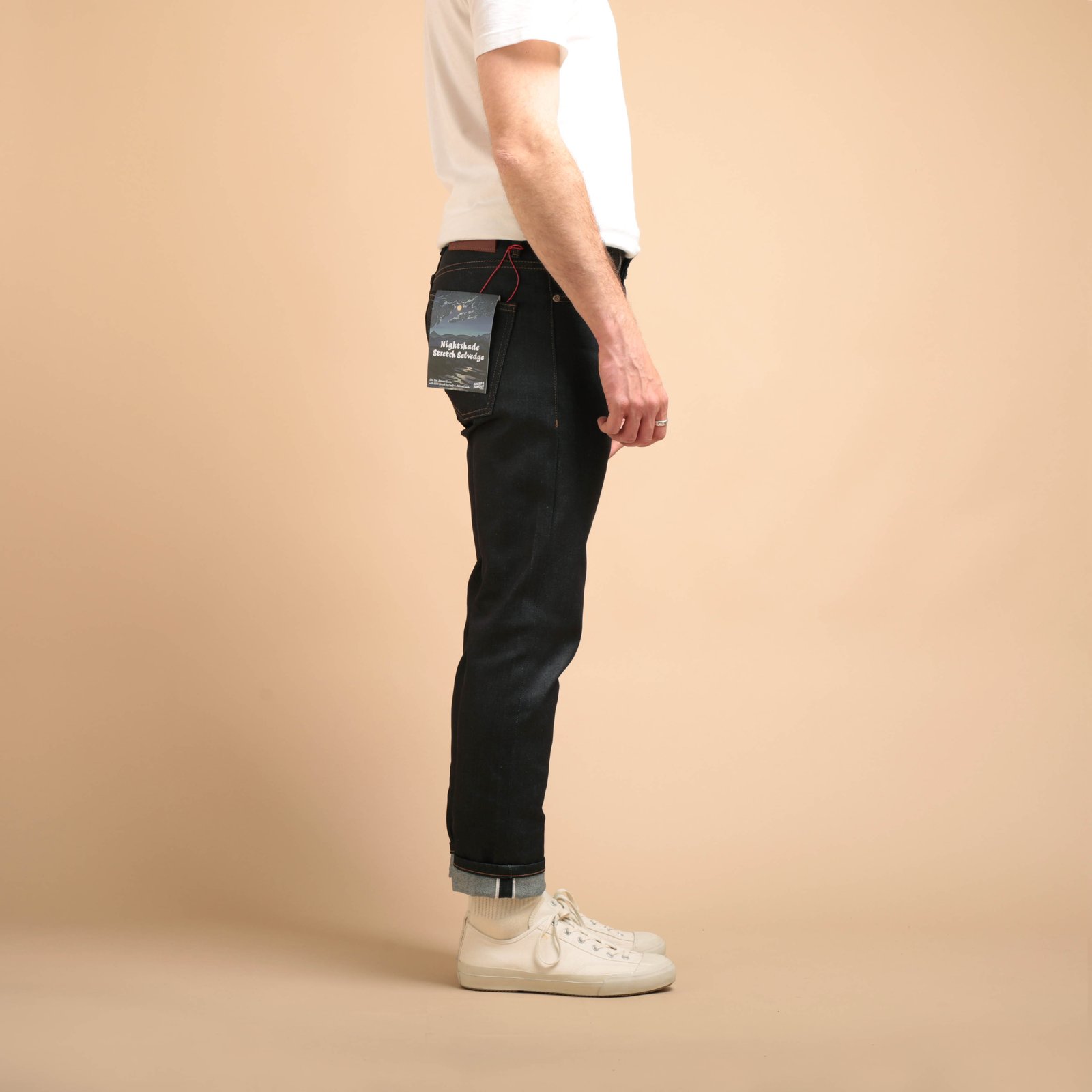 NAKED & FAMOUS SuperGuy Nightshade Stretch Selvedge jeans worn on the side