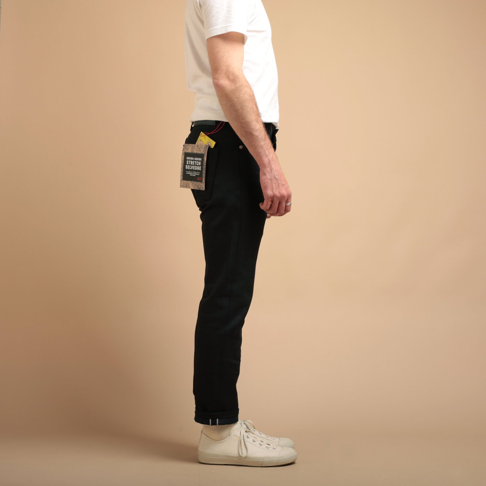 NAKED & FAMOUS SuperGuy Indigo X Indigo Stretch Selvedge jeans worn sideways