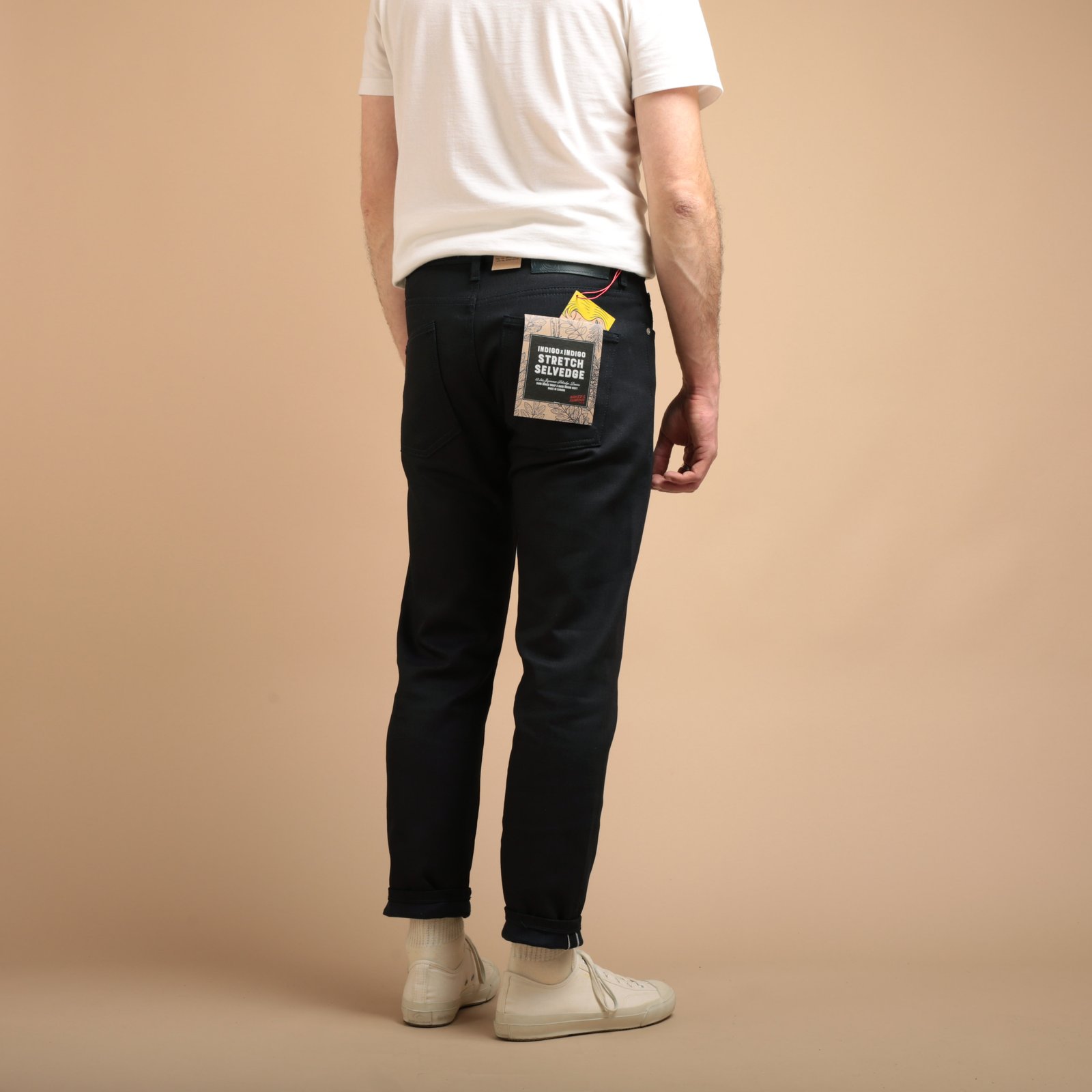 NAKED & FAMOUS SuperGuy Indigo X Indigo Stretch Selvedge jeans worn from the back
