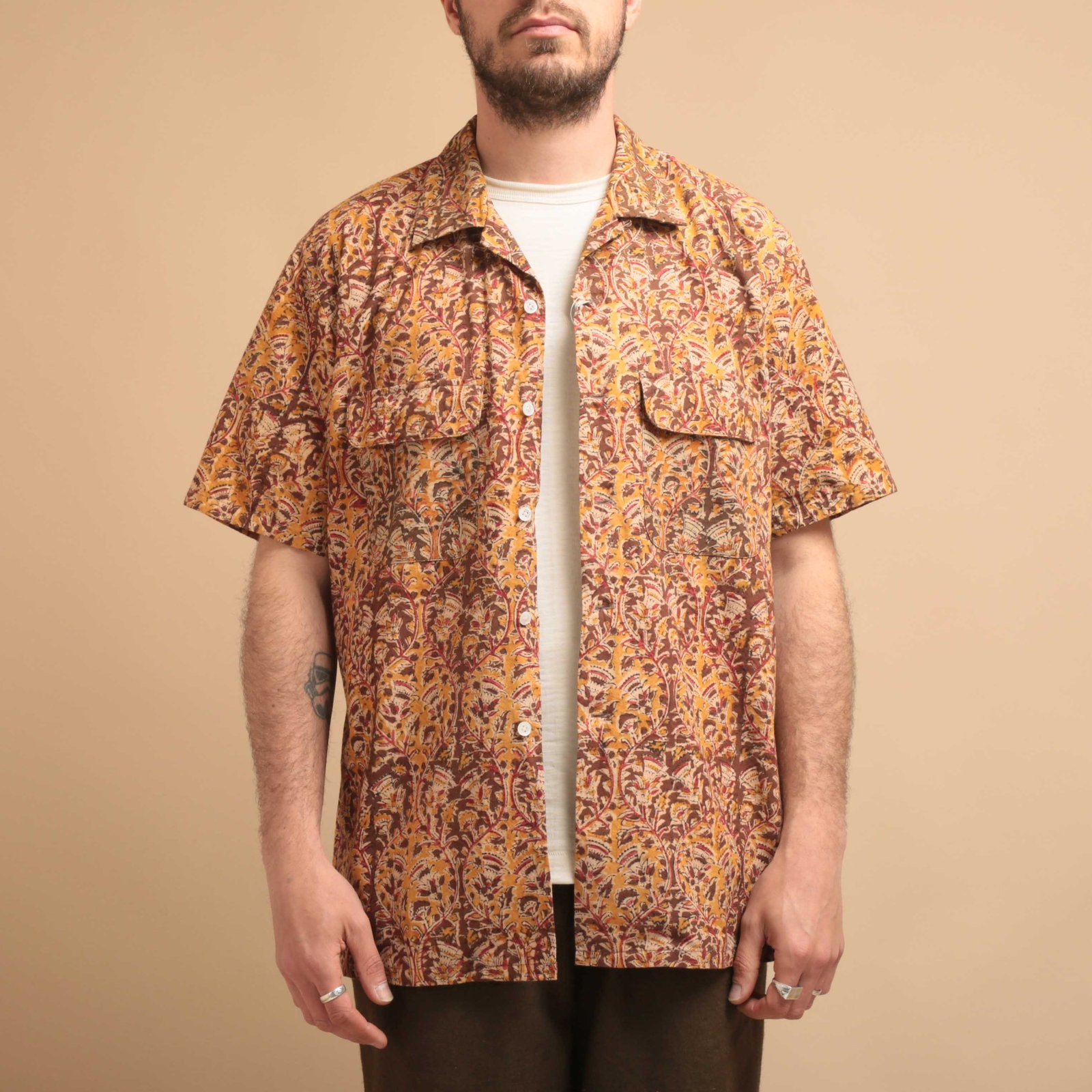 Open Collar S/S Shirt Block Print Brown