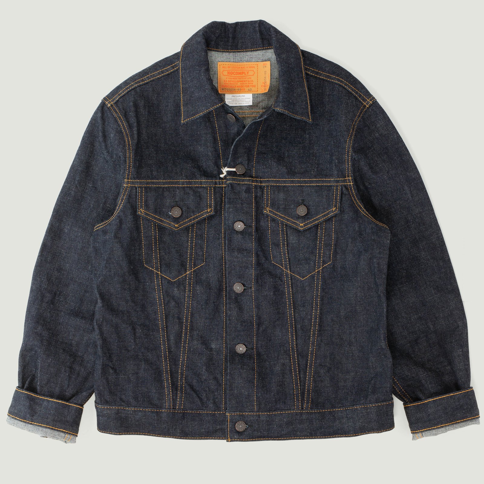 "NO COMPLY" New Trucker Jacket 13.5 oz Indigo Selvedge