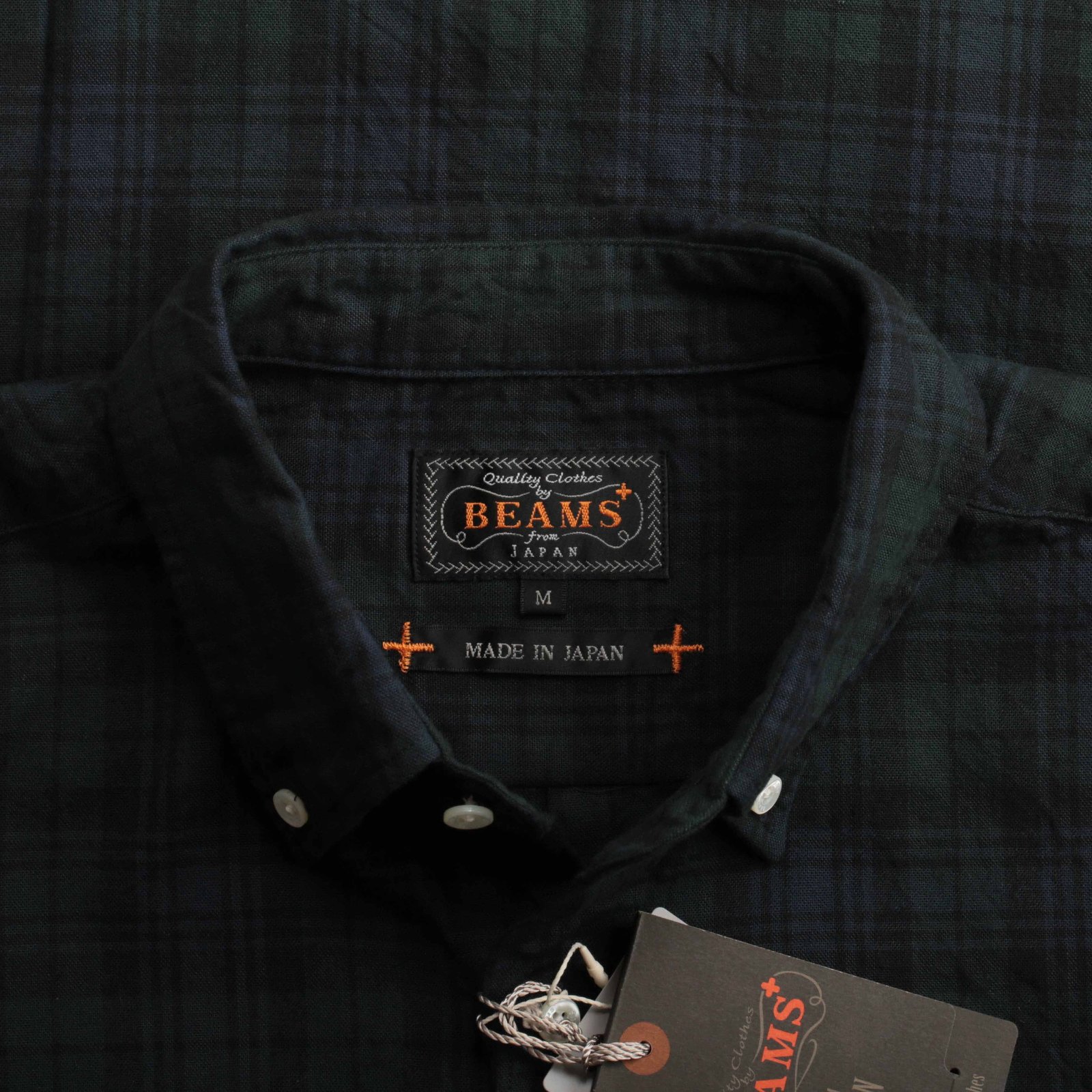 chemise en coton BEAMS PLUS / BD Oxford Shirt Indigo tartan Black Watch detail col avec étiquette