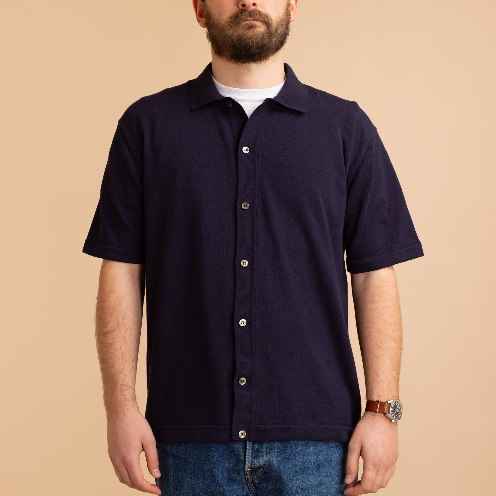 Ice Cotton Open-Collar Shirt Navy