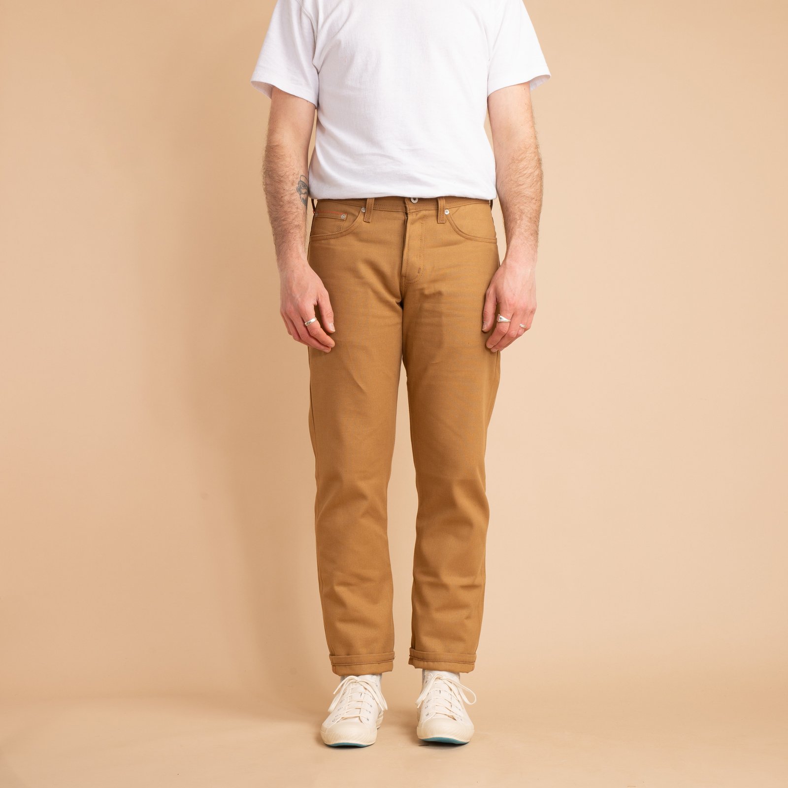 NAKED & FAMOUS WeirdGuy Army Green "Duck" Canvas Selvedge worn from the front