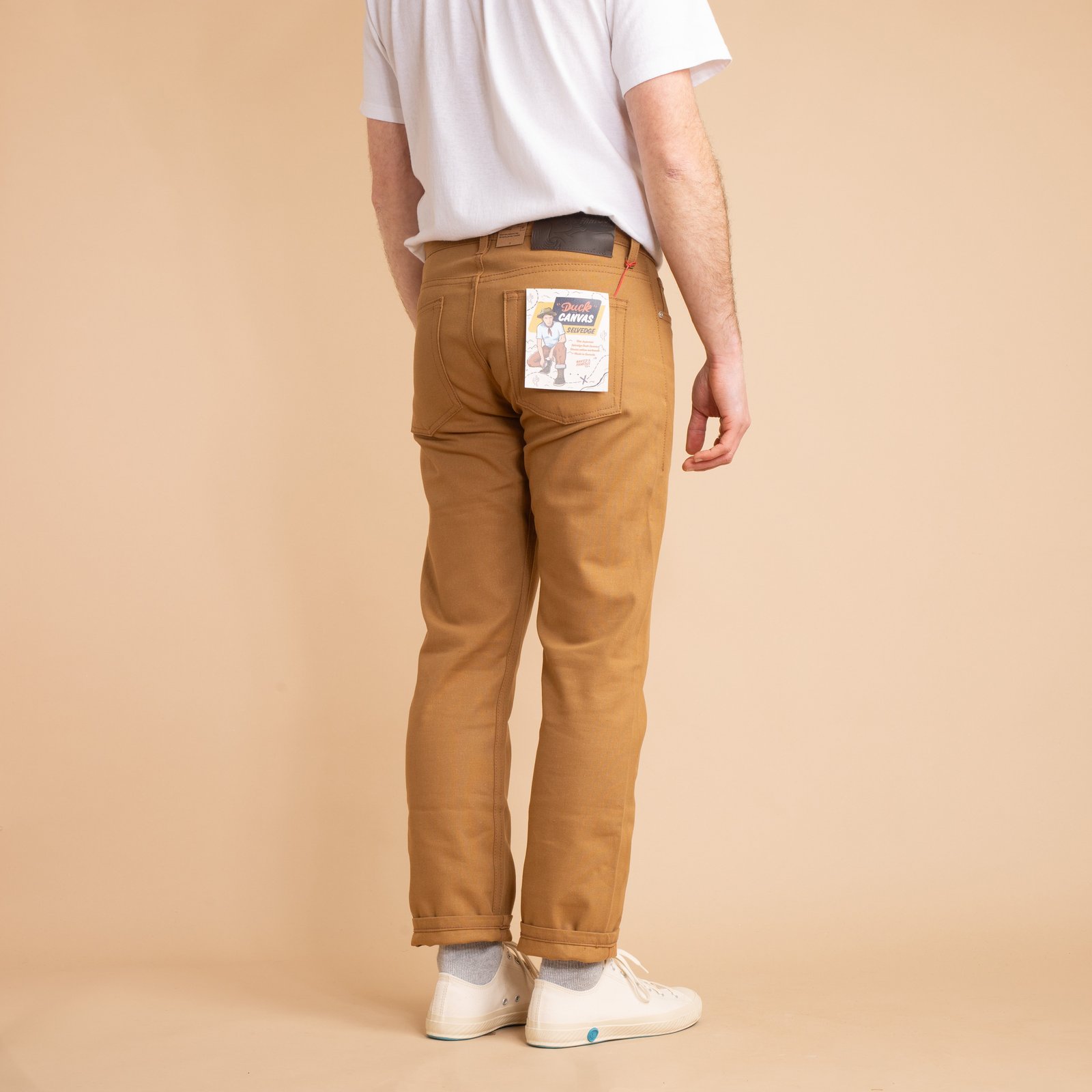 NAKED & FAMOUS WeirdGuy Army Green "Duck" Canvas Selvedge worn from the back