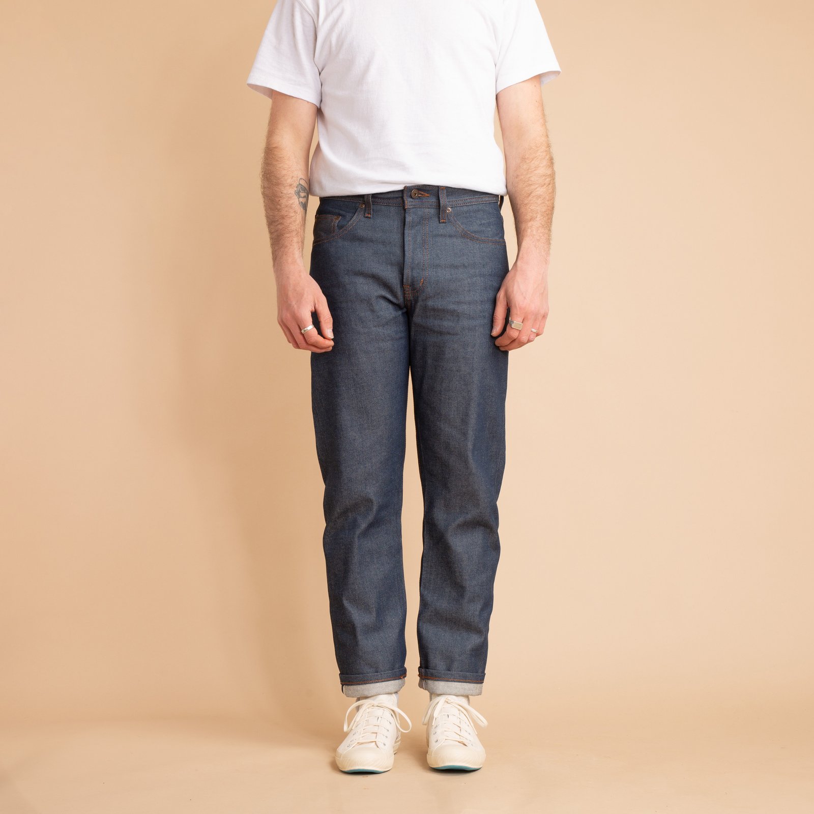 NAKED & FAMOUS WeirdGuy Natural Indigo Selvedge worn from the front