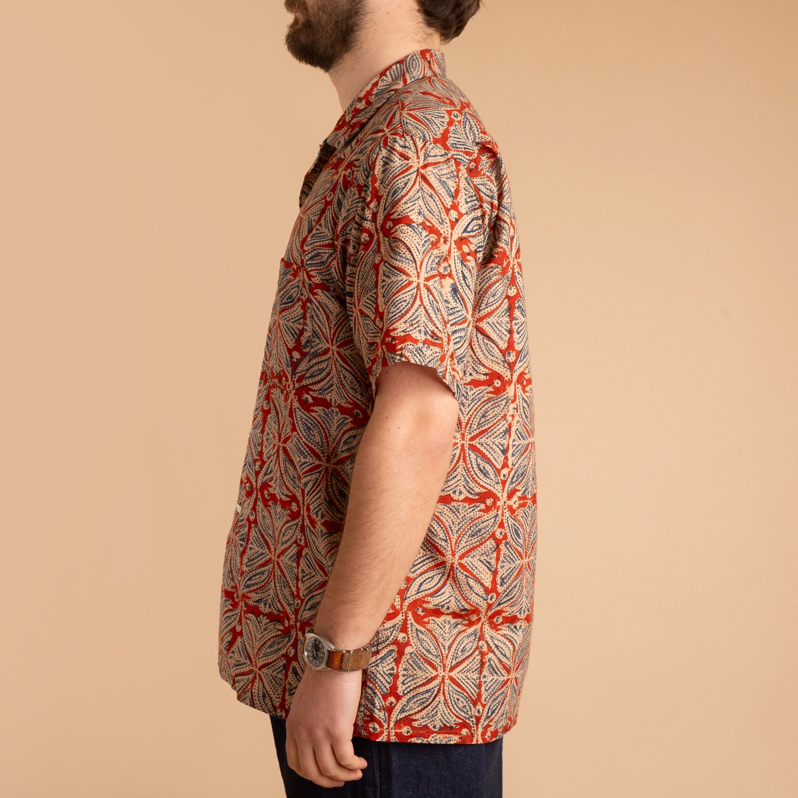 Open Collar Short Sleeve Shirt Block Print Vermillion