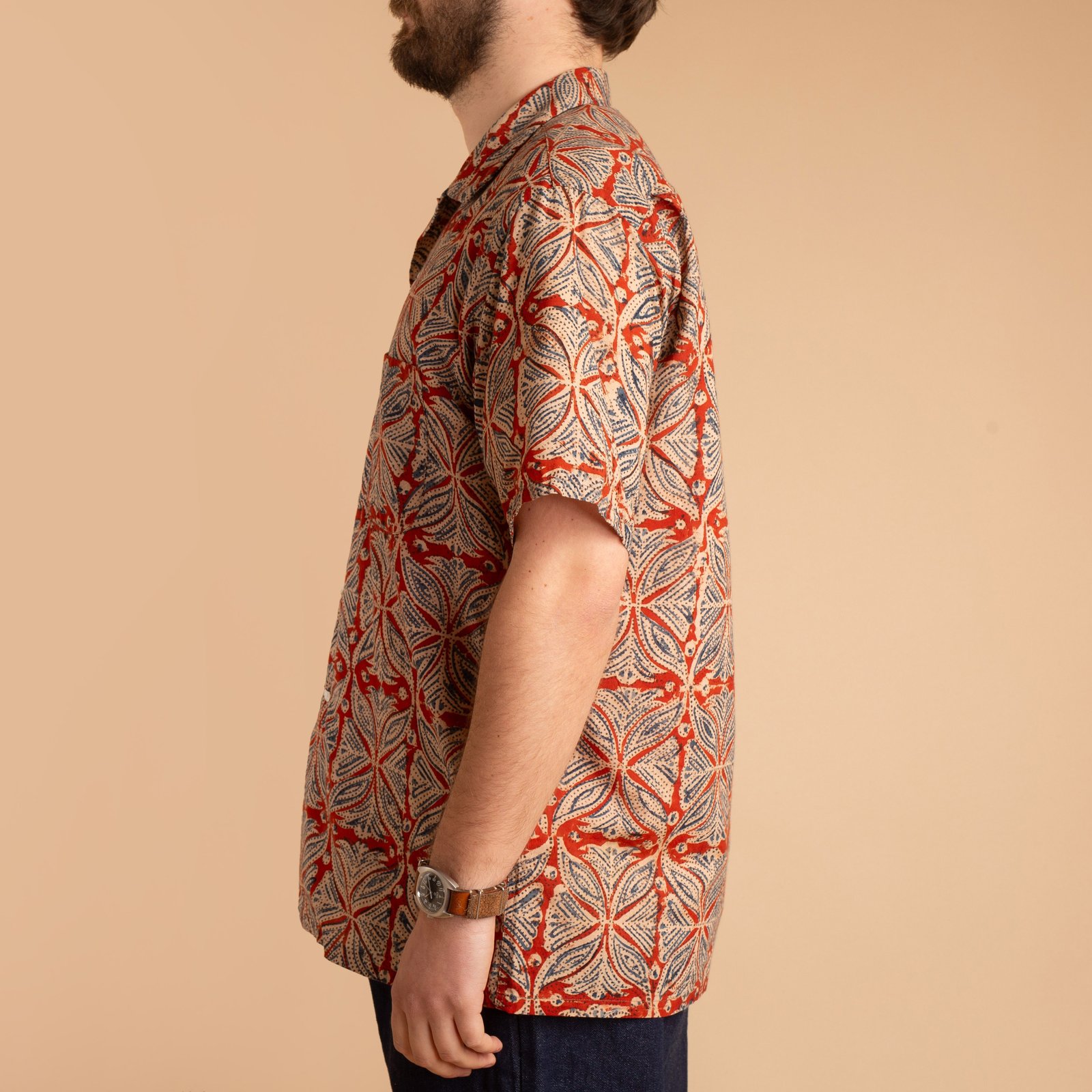 Open Collar S/S Shirt Block Print Vermillion