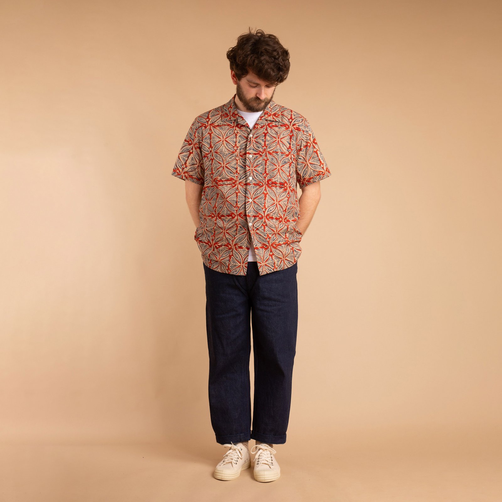 Open Collar Short Sleeve Shirt Block Print Vermillion