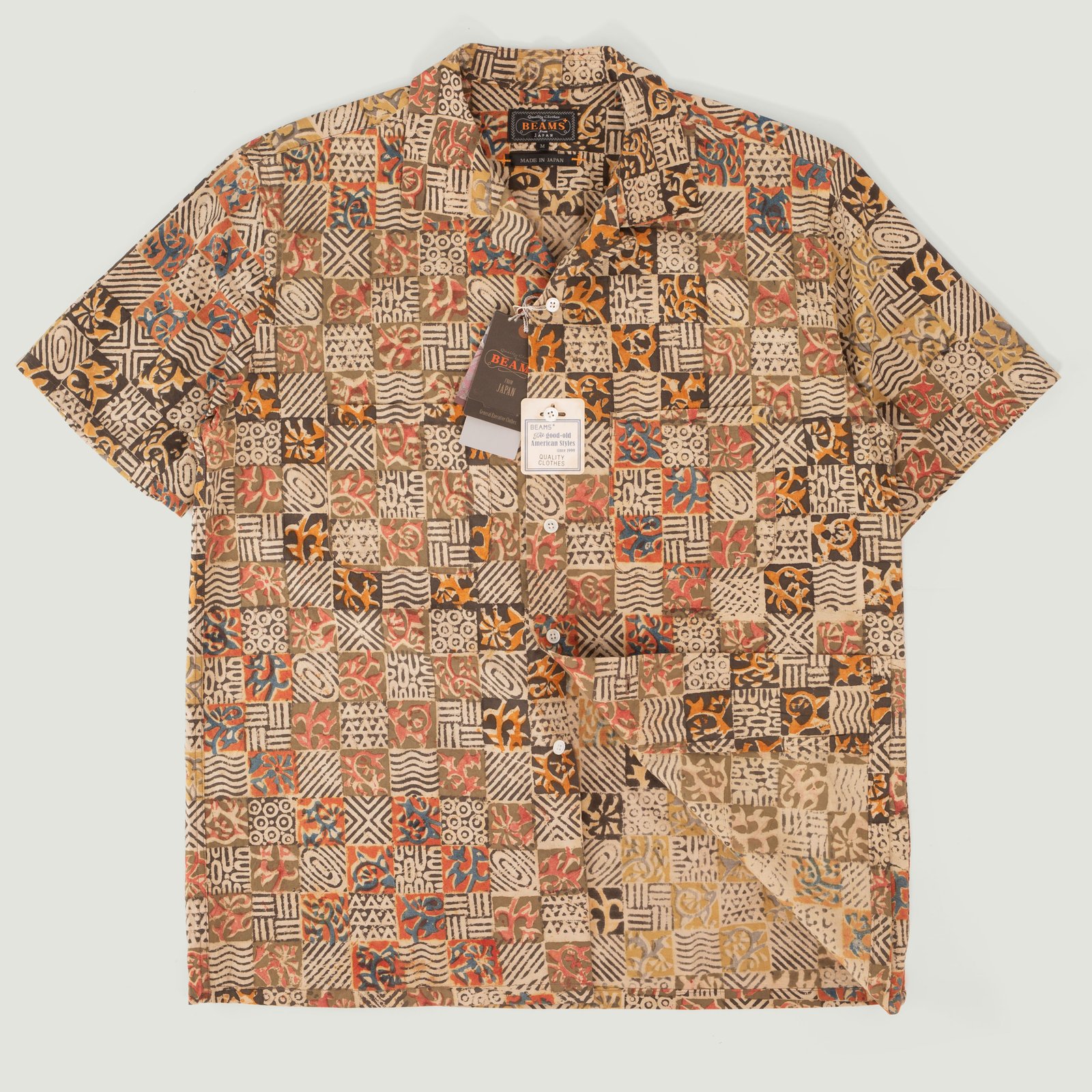 Open Collar Short Sleeve Shirt Block Print Square