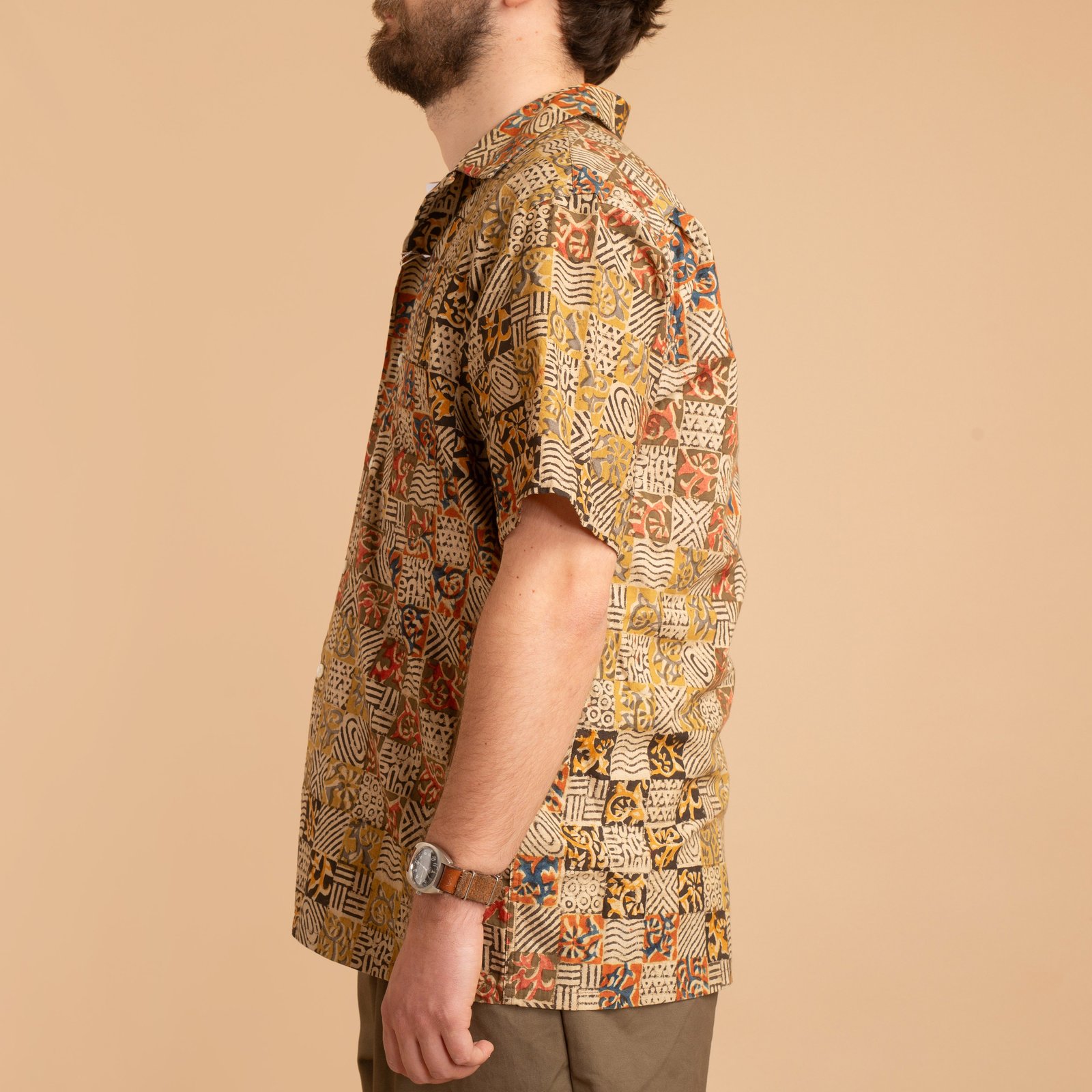 Open Collar Short Sleeve Shirt Block Print Square