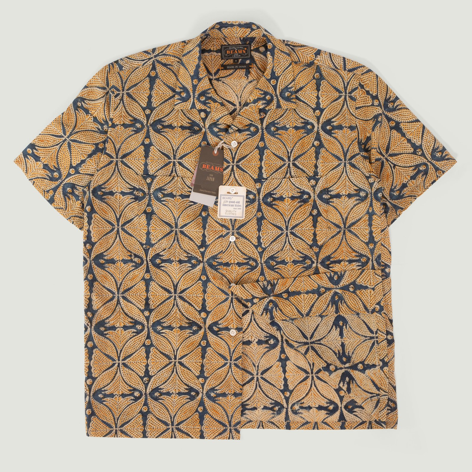 Open Collar Short Sleeve Shirt Block Print Blue