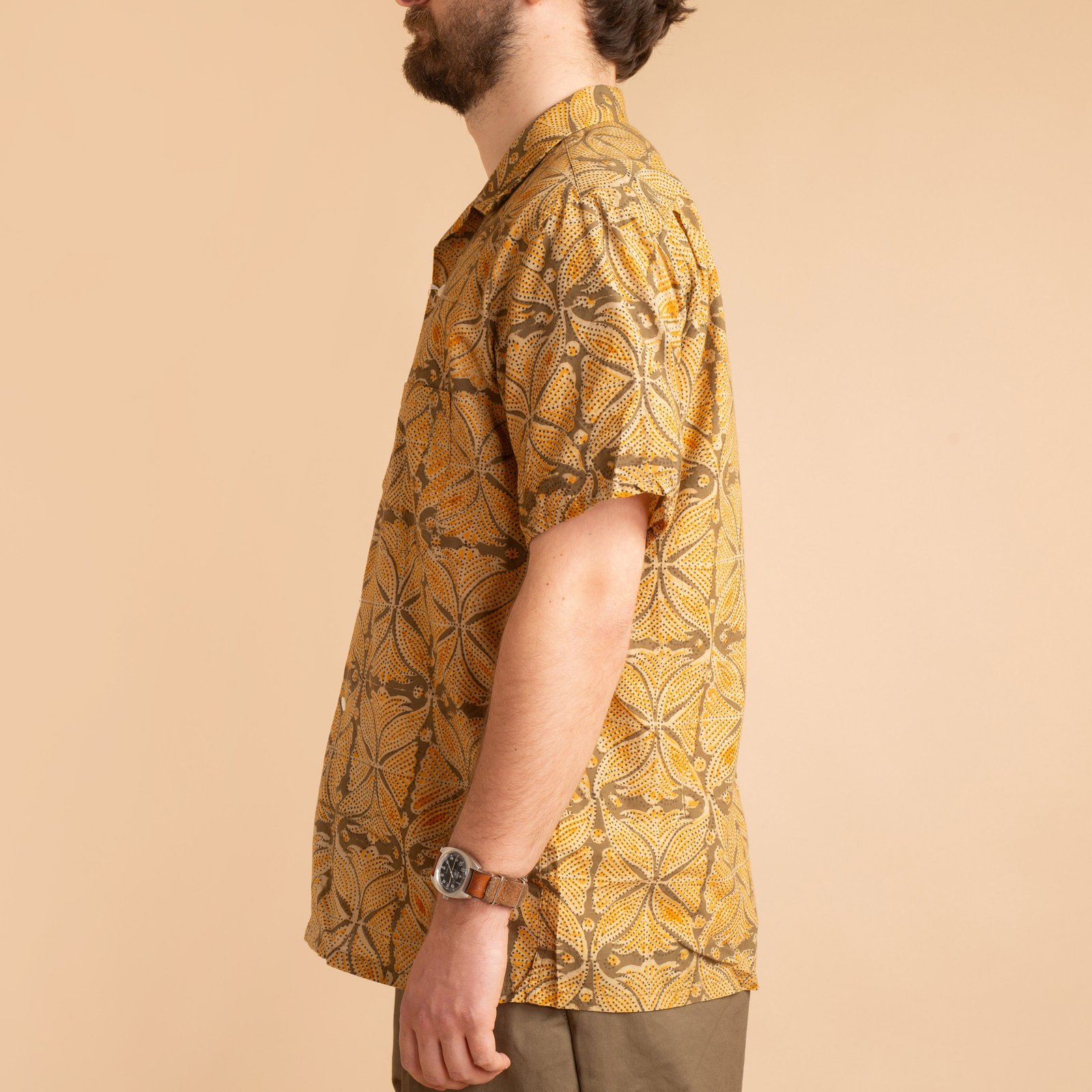 Open Collar Short Sleeve Shirt Block Print Khaki