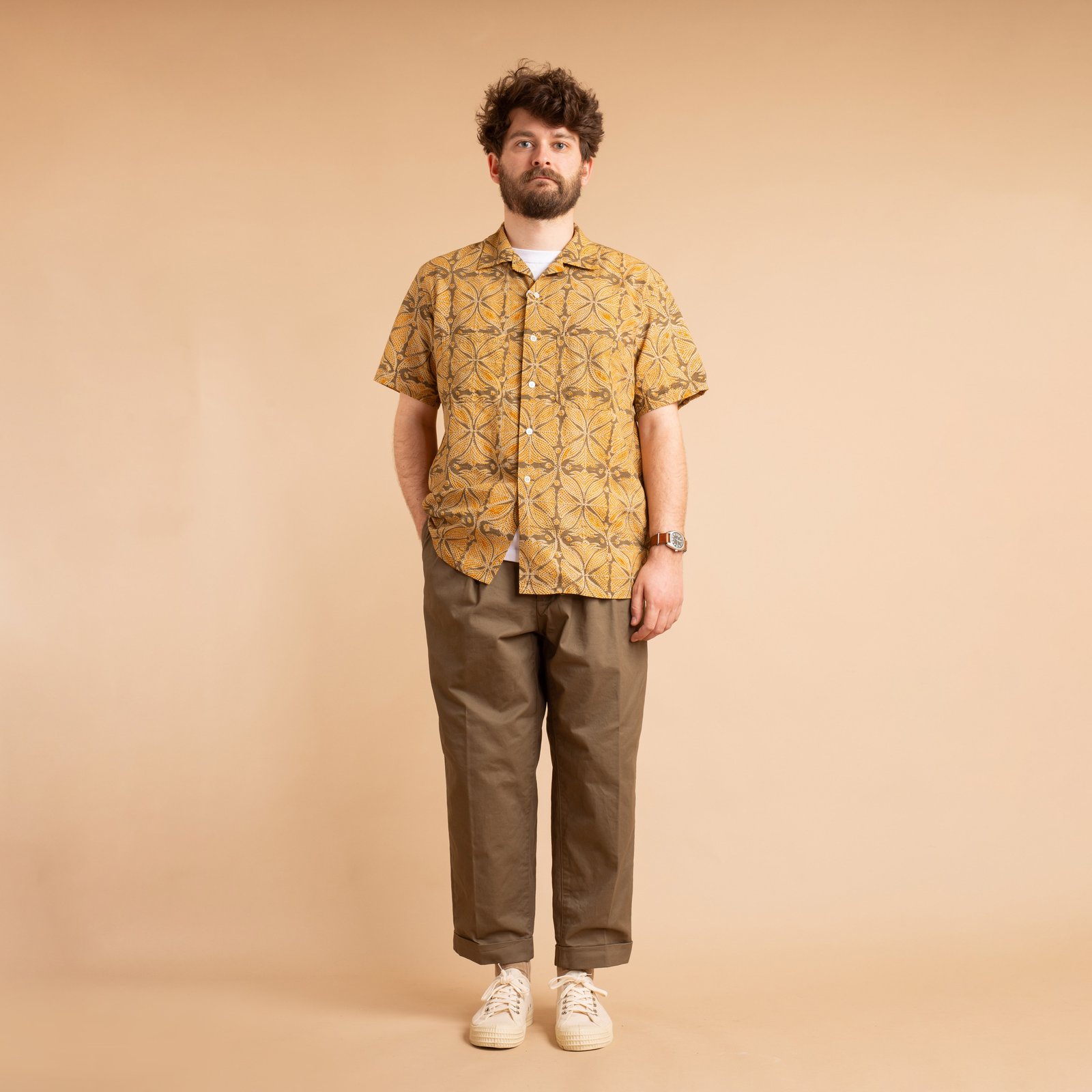 Open Collar Short Sleeve Shirt Block Print Khaki