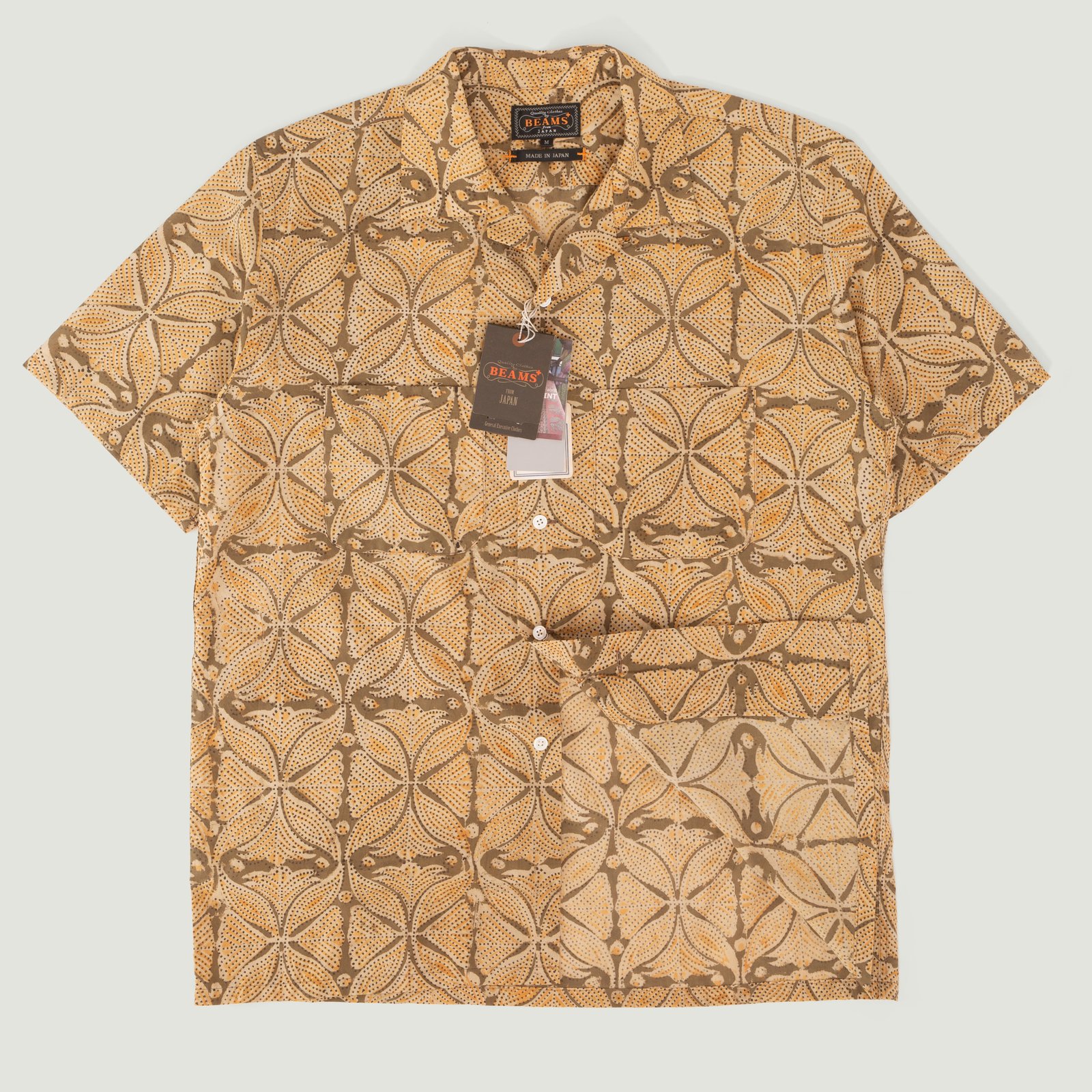 Open Collar Short Sleeve Shirt Block Print Khaki