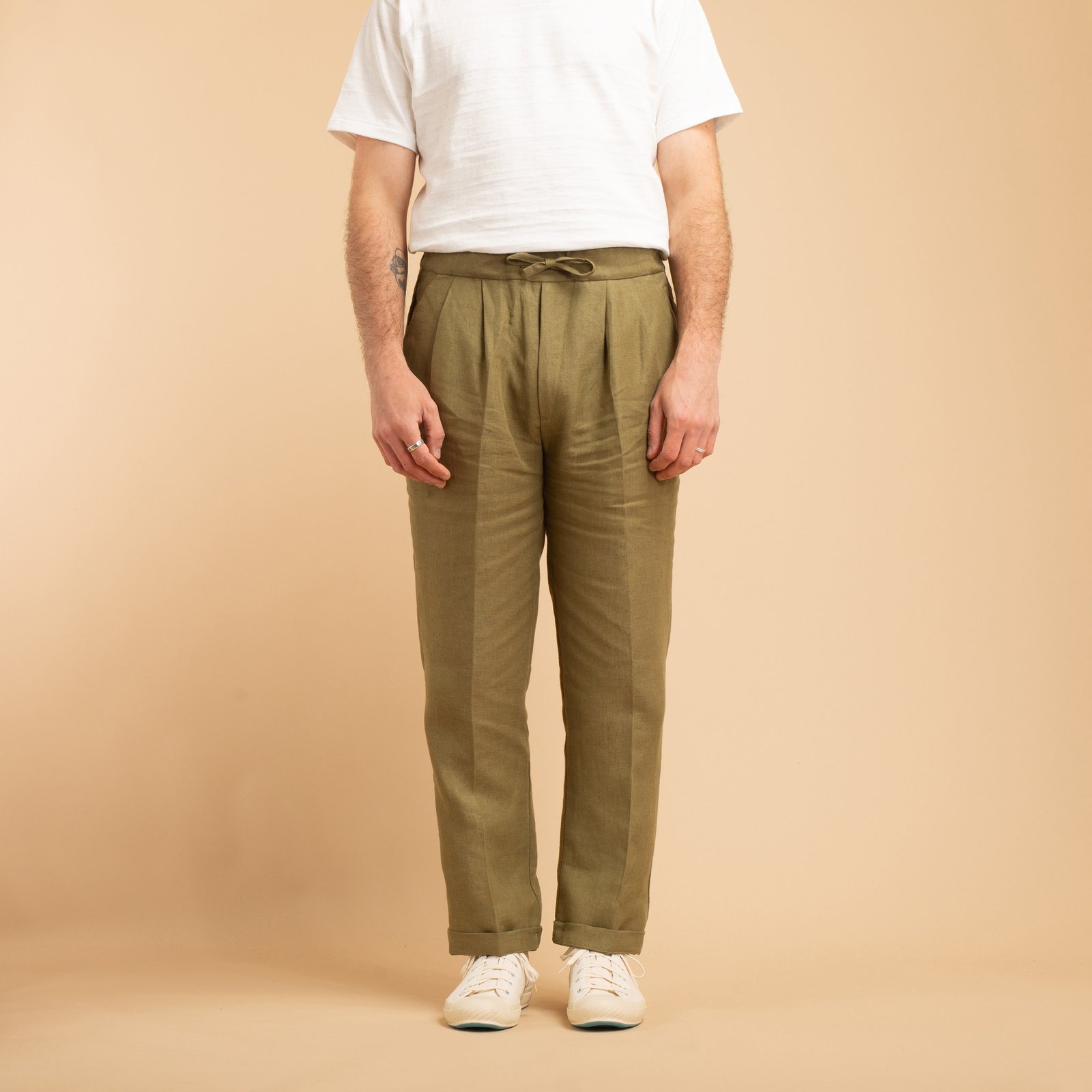 T005 Linen Drawstring Trousers Moss