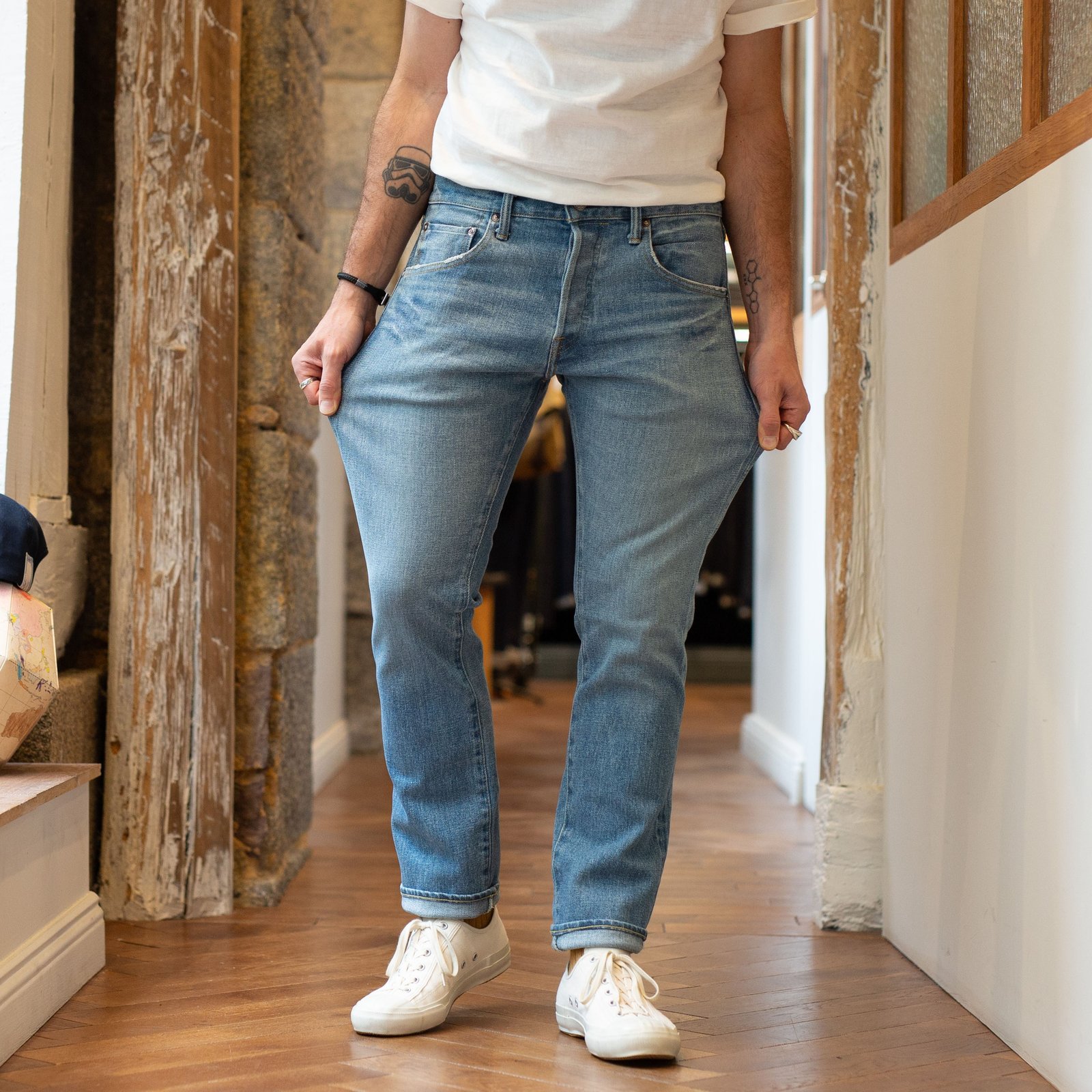 121S "Ishikawadai Stretch" 15oz Relaxed Tapered Used Bleach