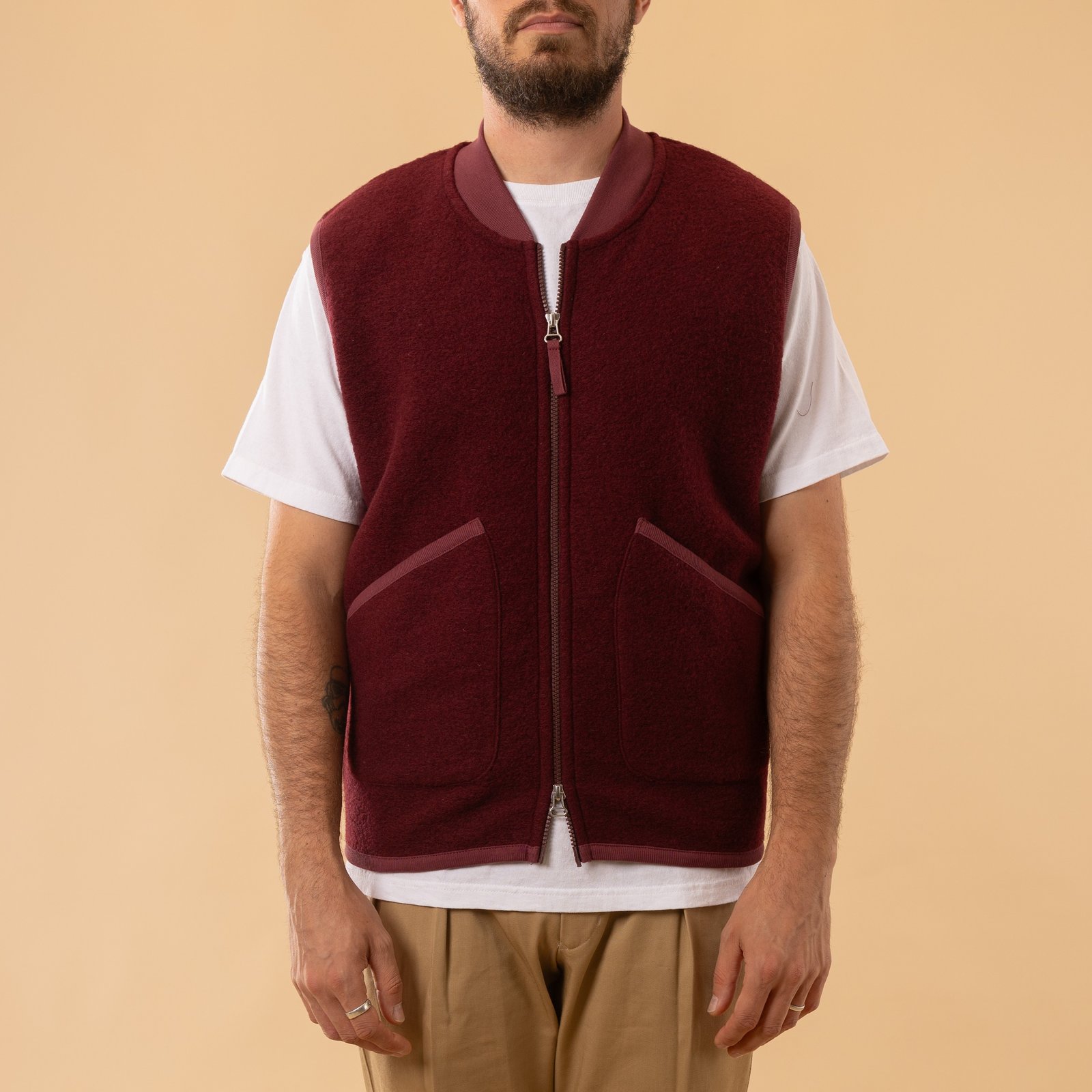 Wool Fleece Zip Waistcoat Deep Red