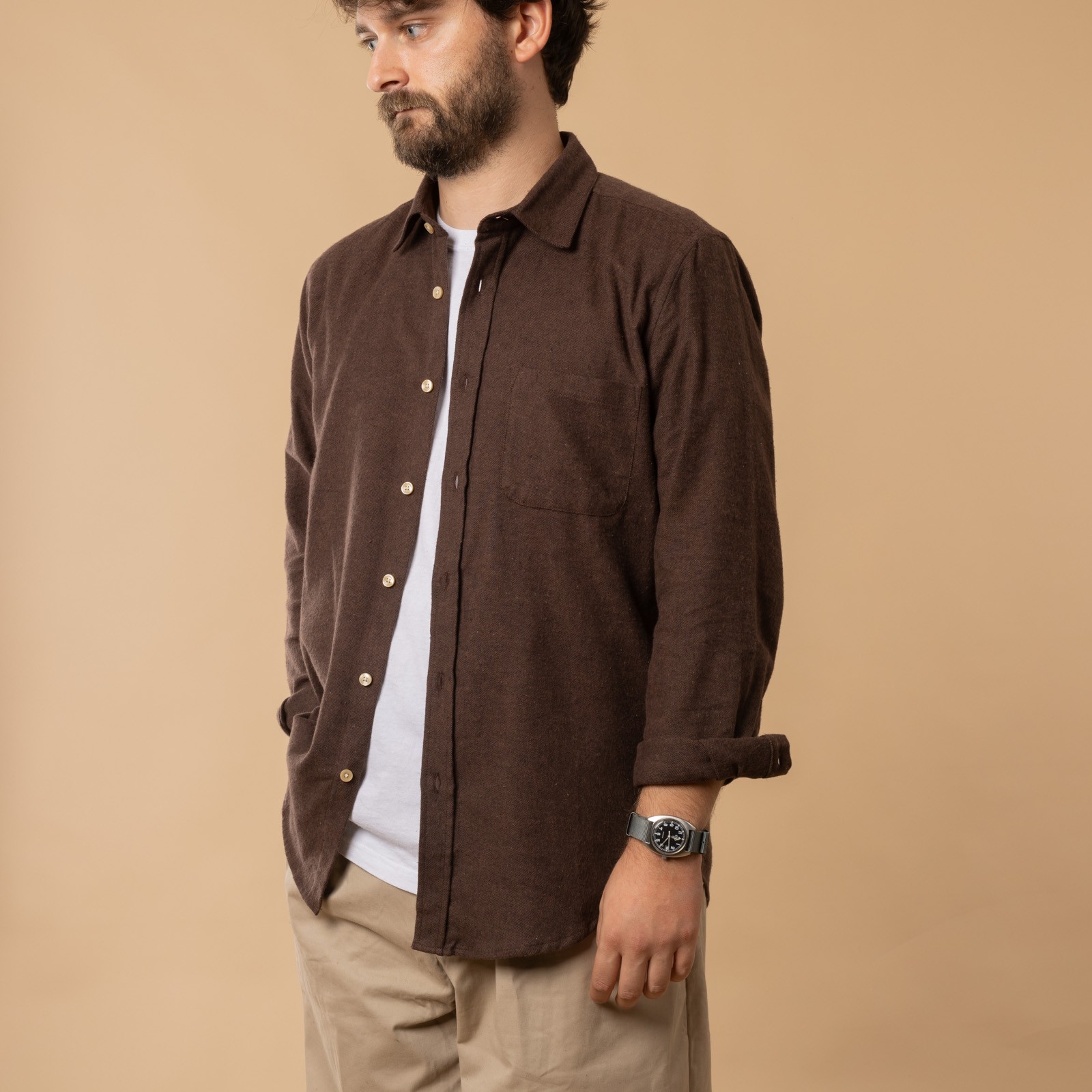 PORTUGUESE FLANNEL Teca Shirt in Brown, front open cotton shirt.