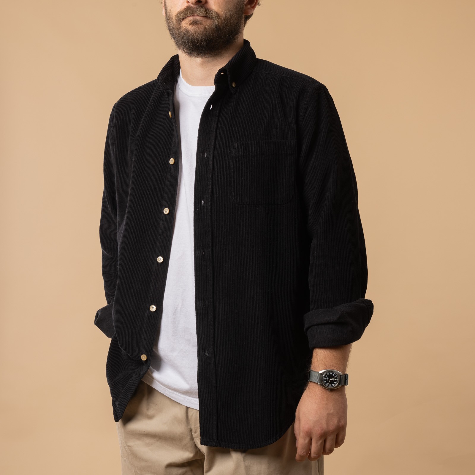 PORTUGUESE FLANNEL Lobo cotton shirt in Black color, front open