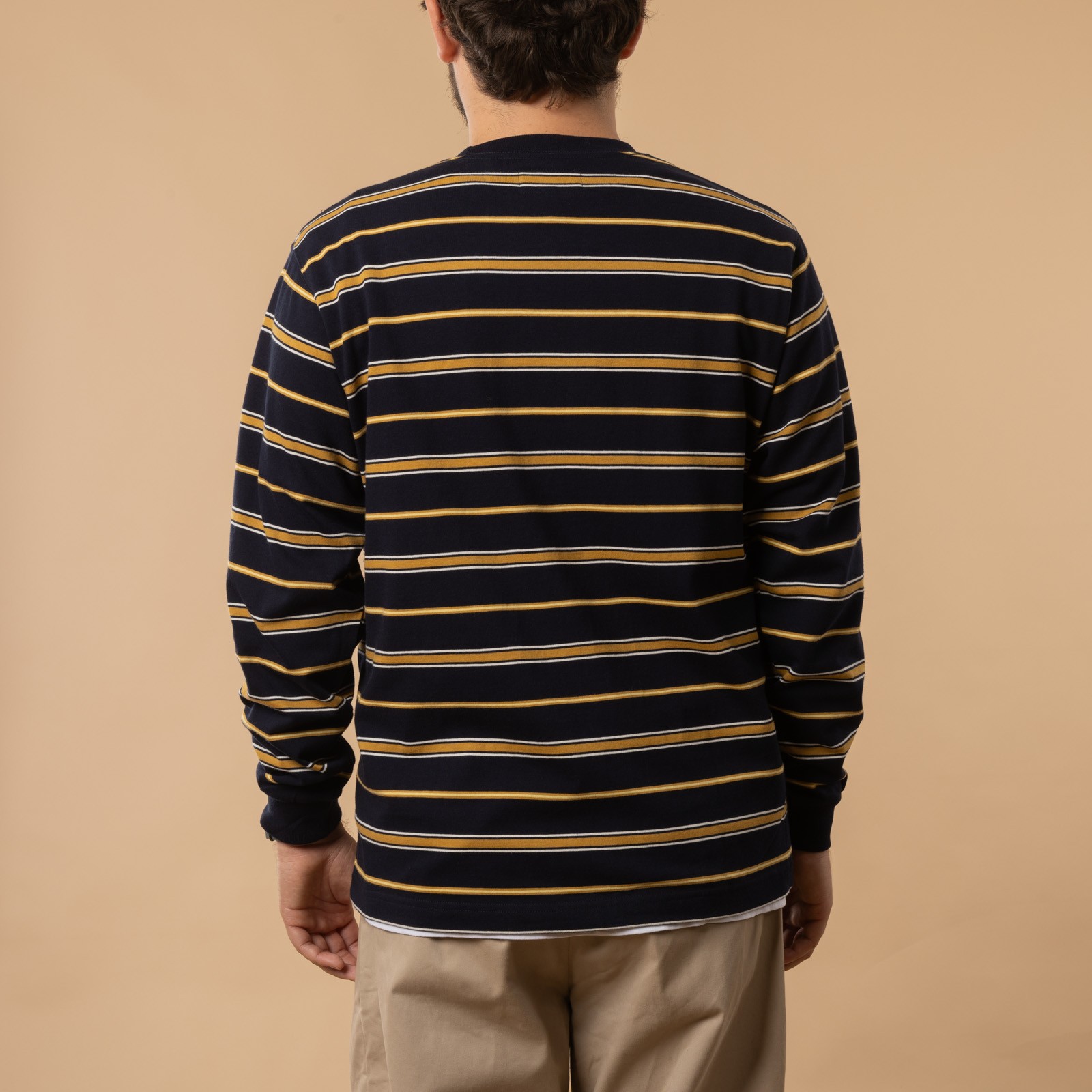 Long-sleeve BEAMS PLUS Pocket Tee Multi Stripe in Navy color, back view