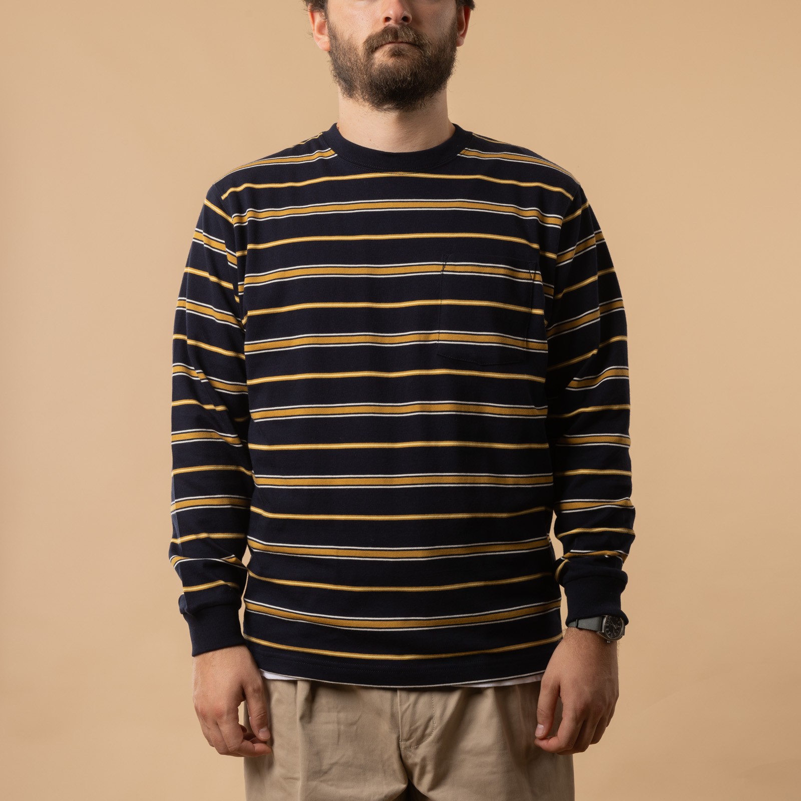 BEAMS PLUS Long Sleeve Pocket Tee Multi Stripe in Navy, front view
