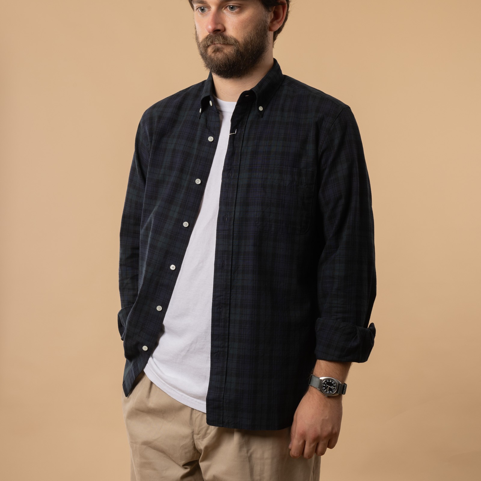 BEAMS PLUS cotton shirt / BD Oxford Shirt Indigo Black Watch tartan open front