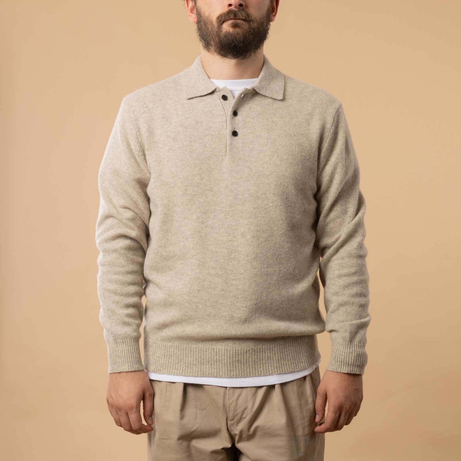 BEAMS PLUS Long Sleeve Wool Sweater / 9G Knit Polo in Beige Front View