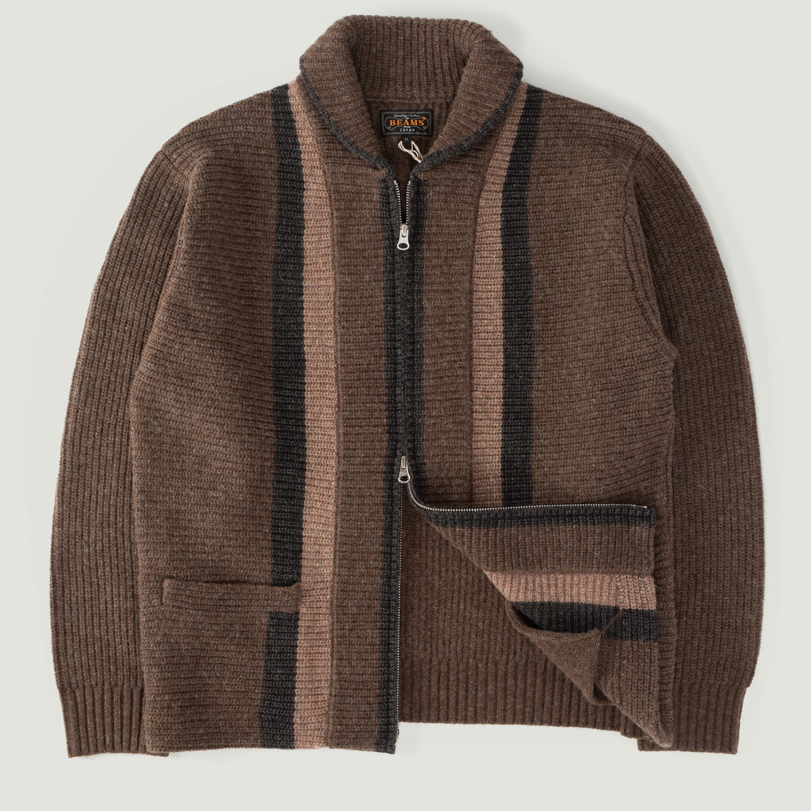 Vignettes-gilet-en-laine-Beams-Plus-Full-Zip-Shawl-Collar-Knit-Brown-flâneurs