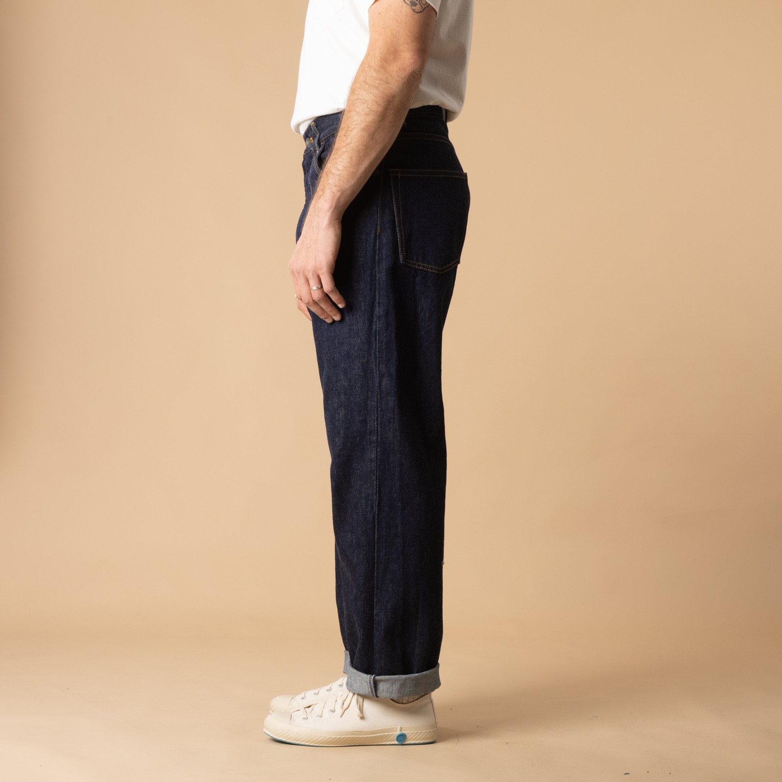 Jeans-Beams-plus-5 Pocket Wide Denim-color-Indigo-side view
