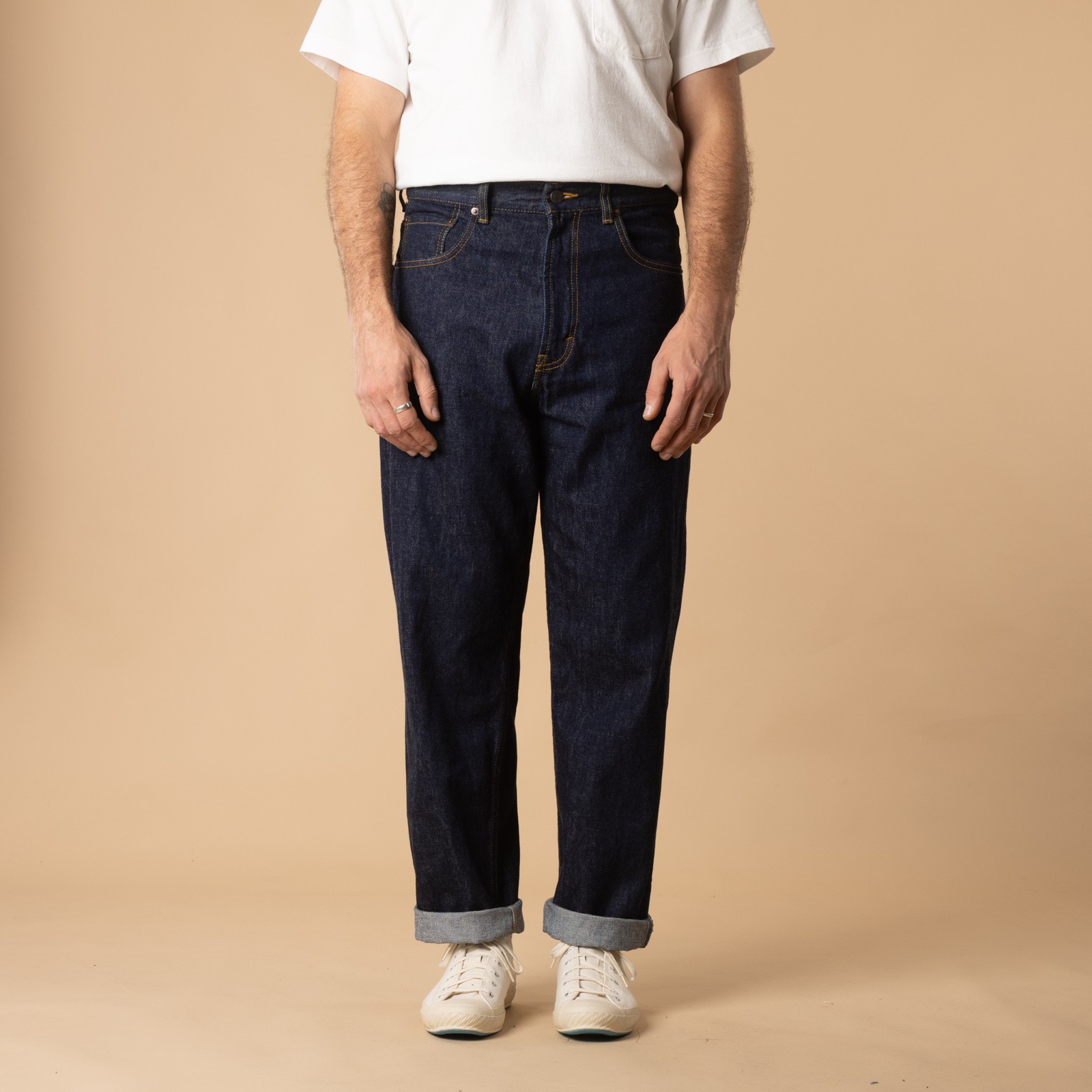 Jeans-Beams-plus-5 Pocket Wide Denim-color-Indigo-front view