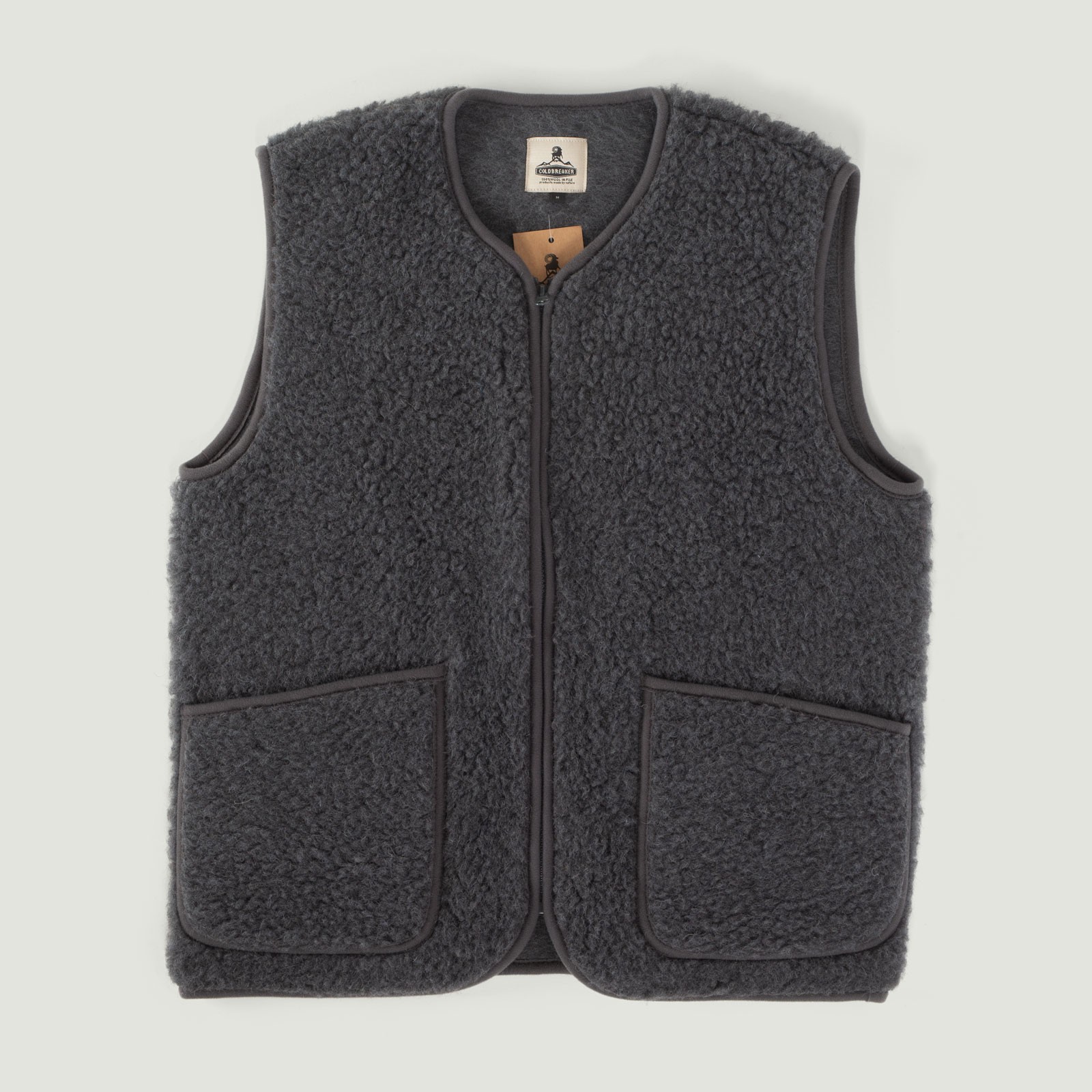 Flâneur patches - COLDBREAKER - sleeveless wool jacket - Pepitko Vest Steel