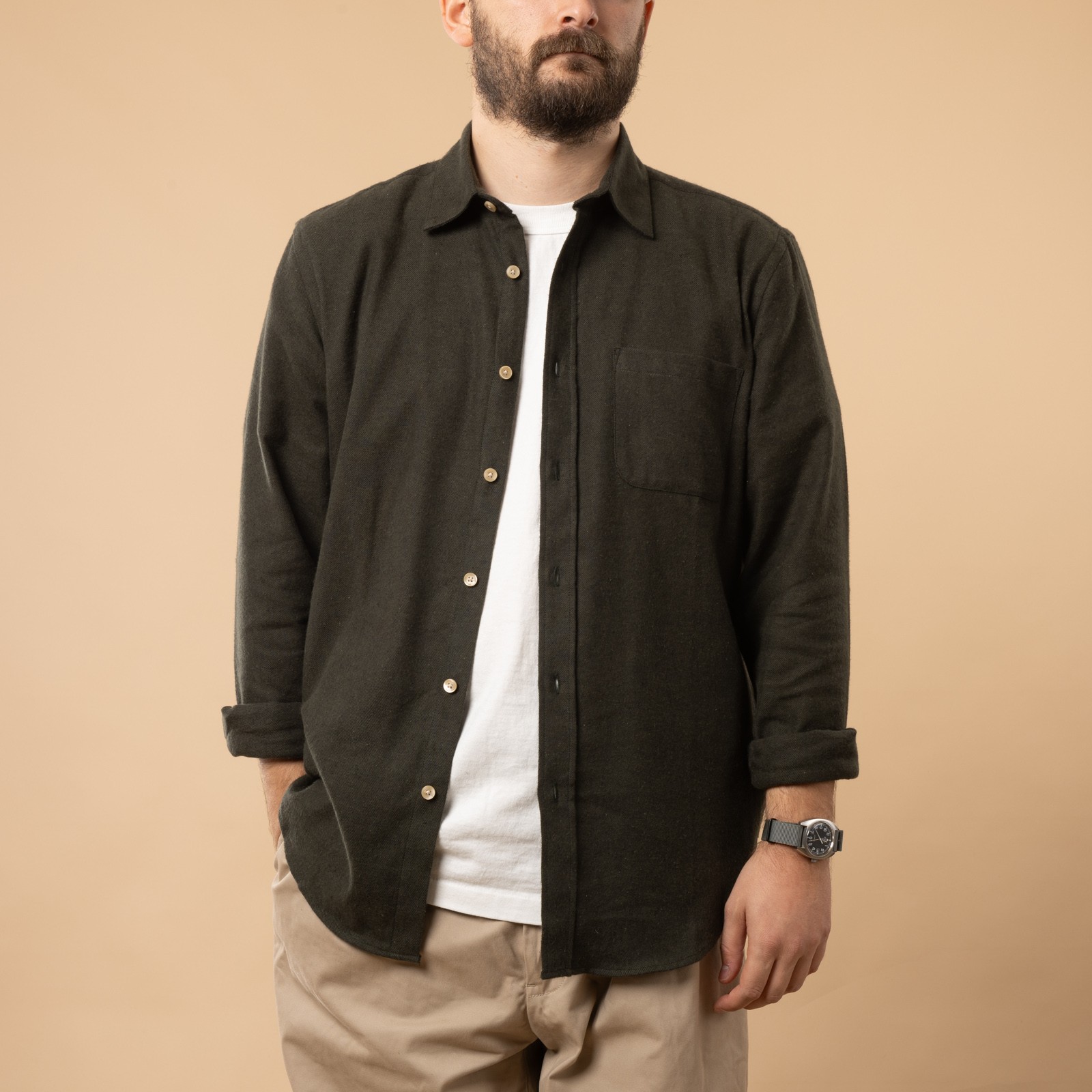 PORTUGUESE FLANNEL cotton shirt - Teca Shirt in Moss Green color, front open