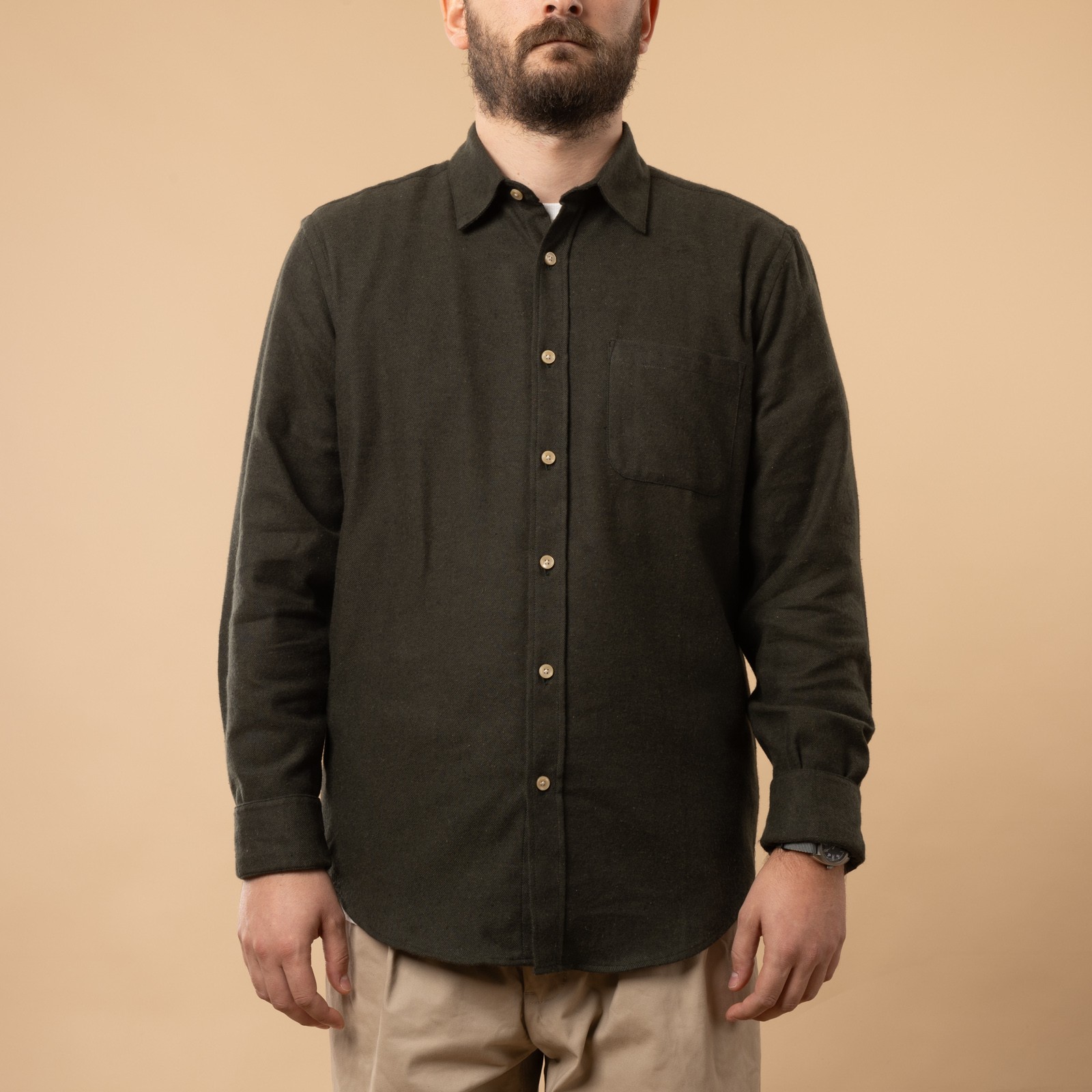 PORTUGUESE FLANNEL cotton shirt - Teca Shirt in Moss Green color, front view