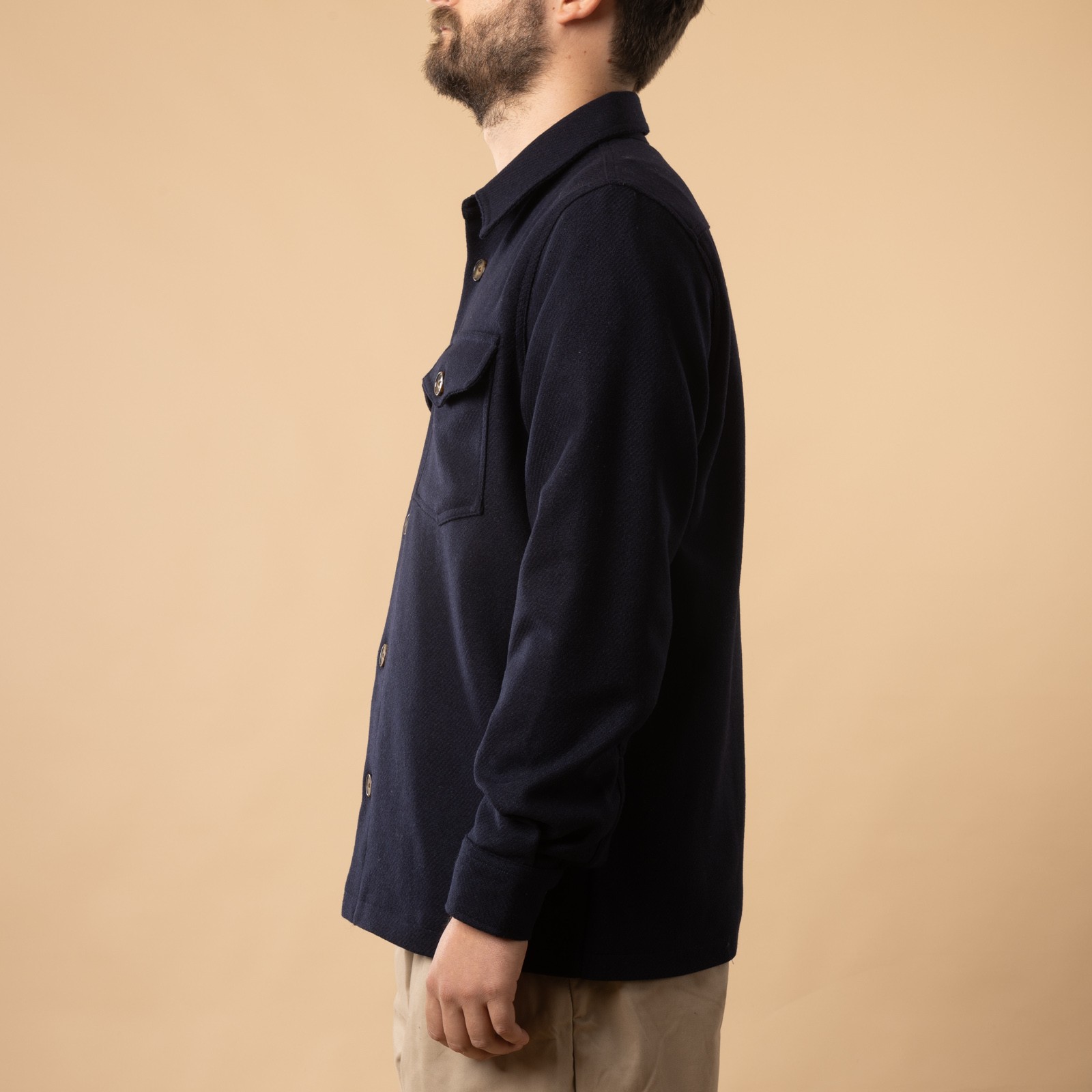 PORTUGUESE FLANNEL Wool Field Overshirt in Navy, side profile
