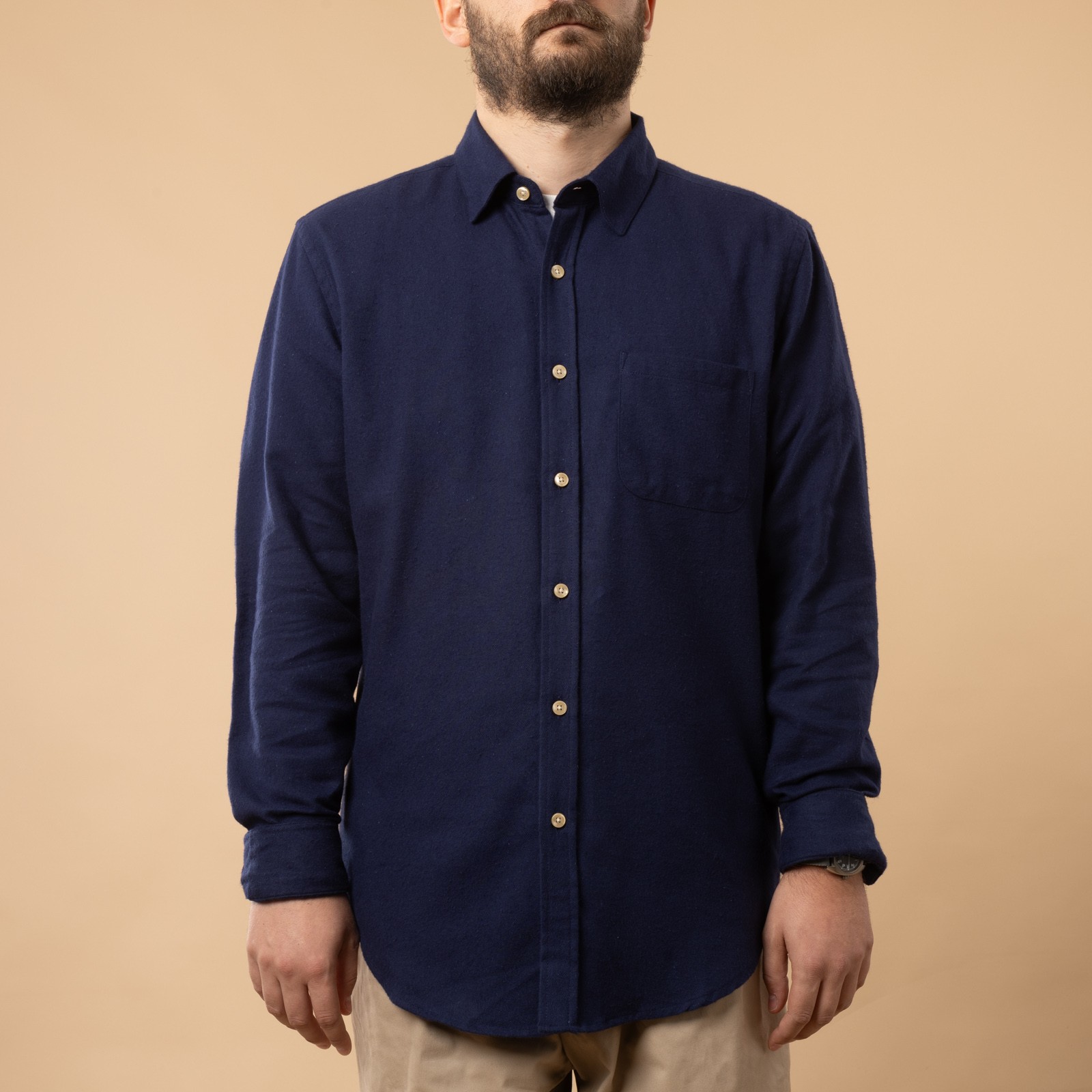Navy Teca Shirt by PORTUGUESE FLANNEL with front closed.