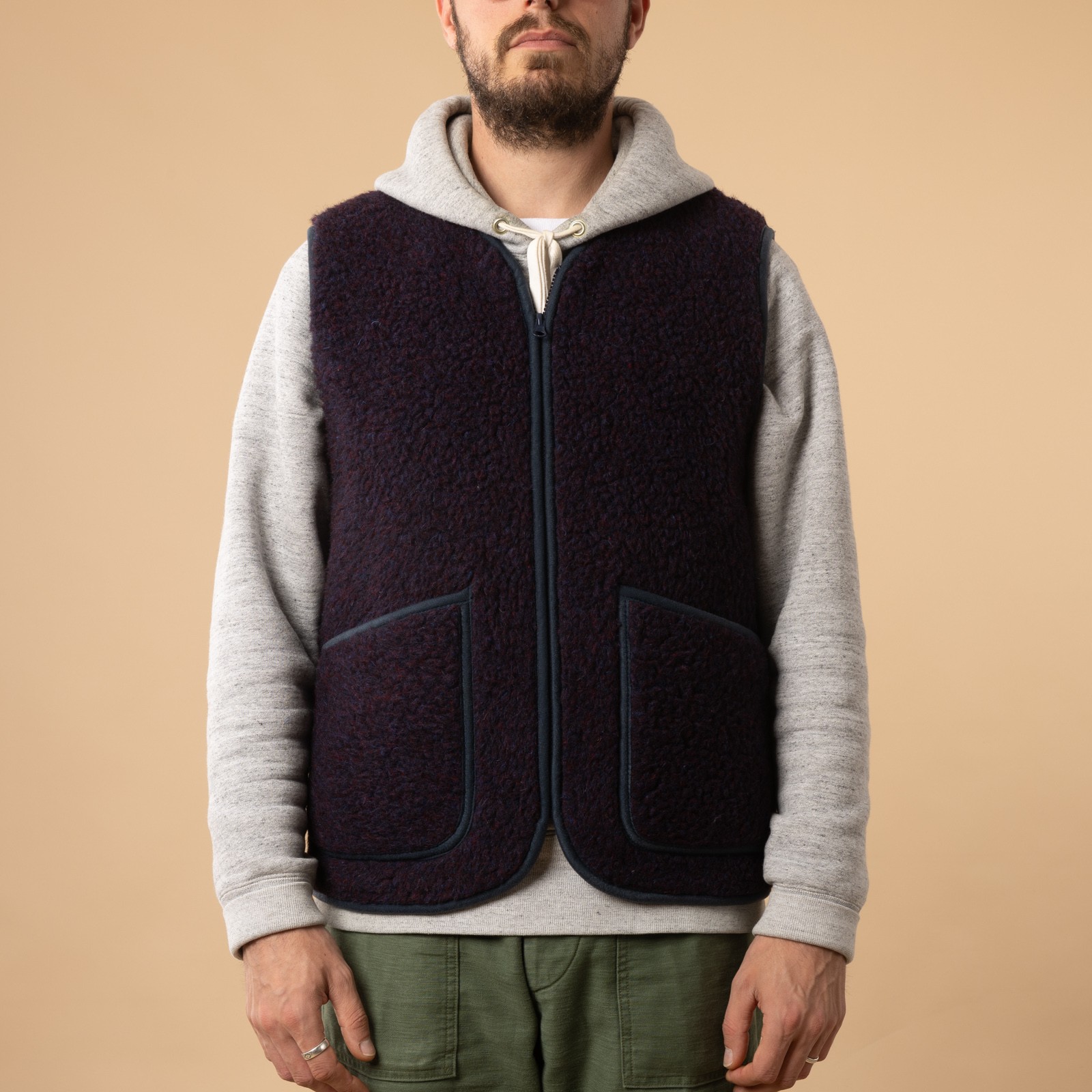 flâneurs-COLDBREAKER-sleeveless wool jacket-Pepitko Vest Plum-front closed