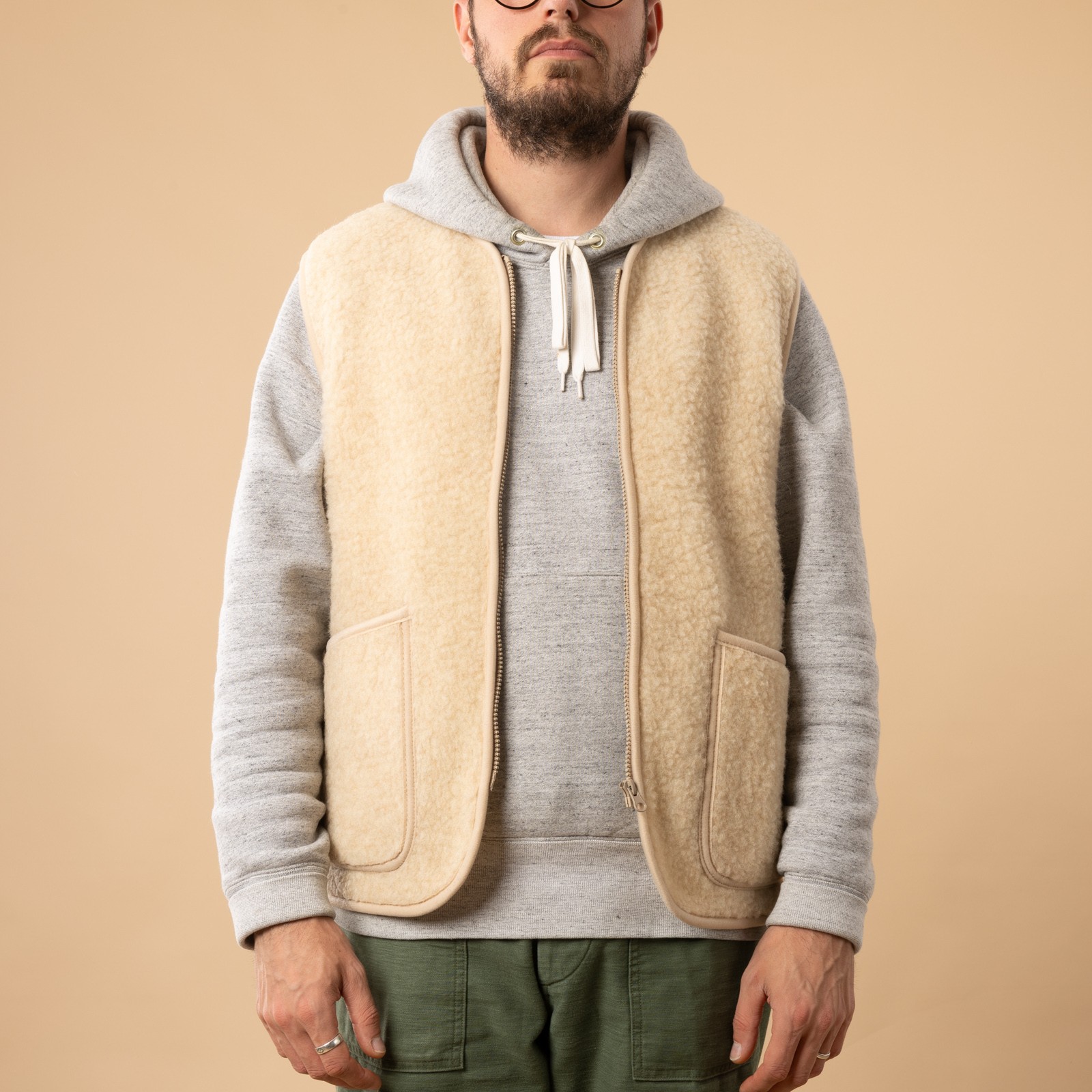 flâneurs-COLDBREAKER-sleeveless wool jacket-Pepitko beige open front