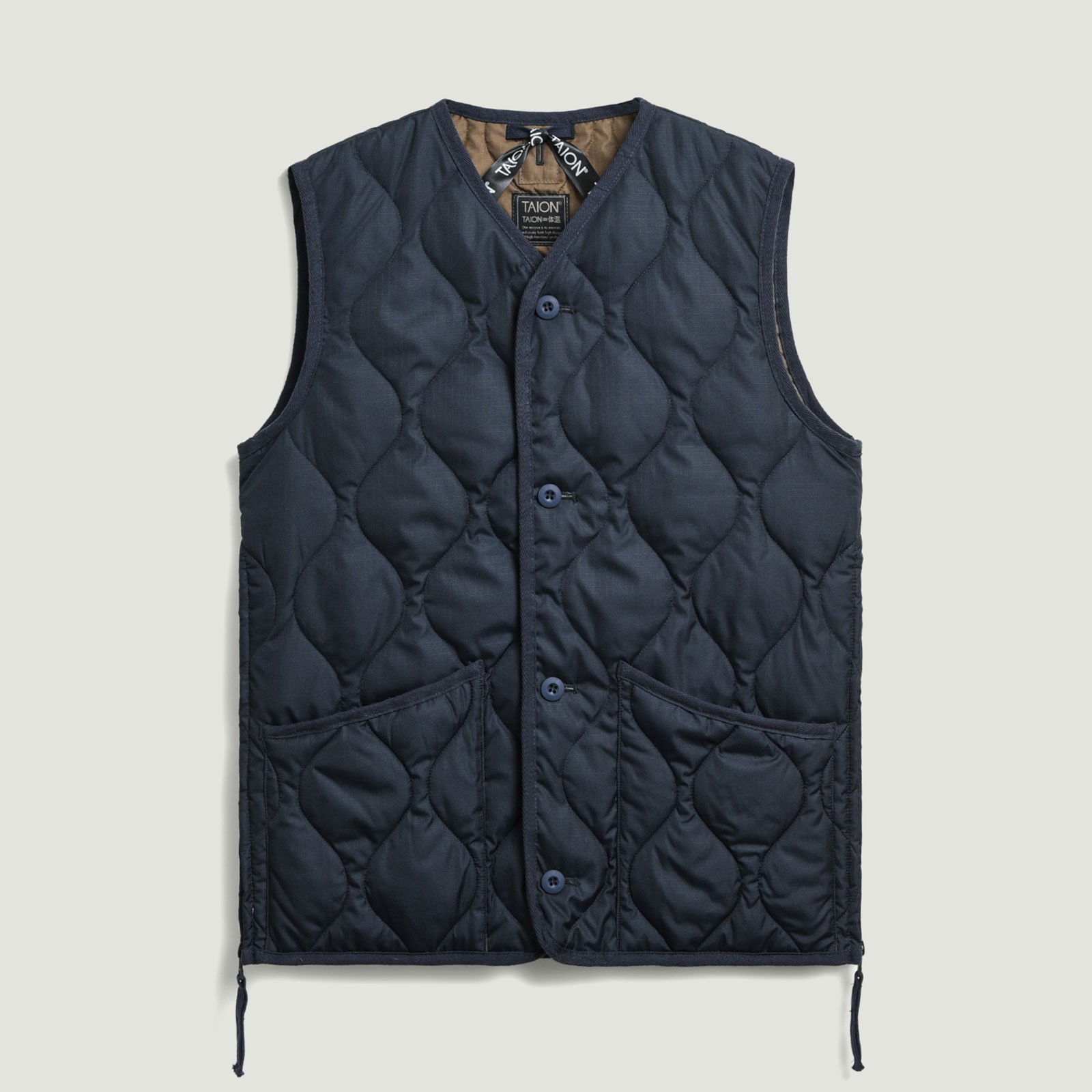 Vignettes-Taion-flâneurs-veste-sans-manche-Unisex-Military-Button-V-Neck-Down-Vest-Dark Navy