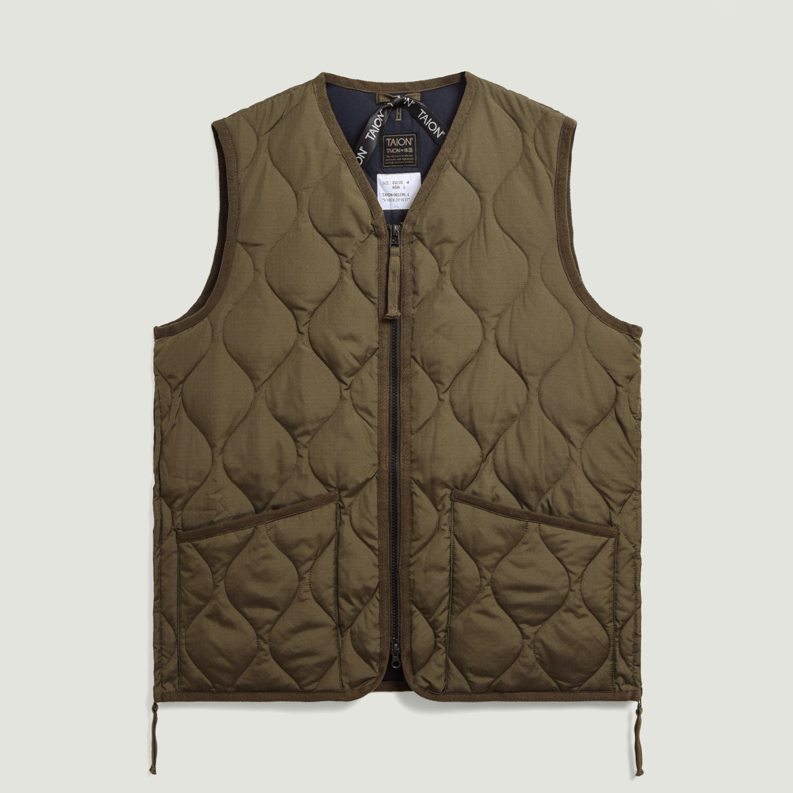 Vignettes-Taion-flâneurs-veste-sans-manche-Unisex-Military-Zip-V-Neck-Down-Vest-Dark-Olive