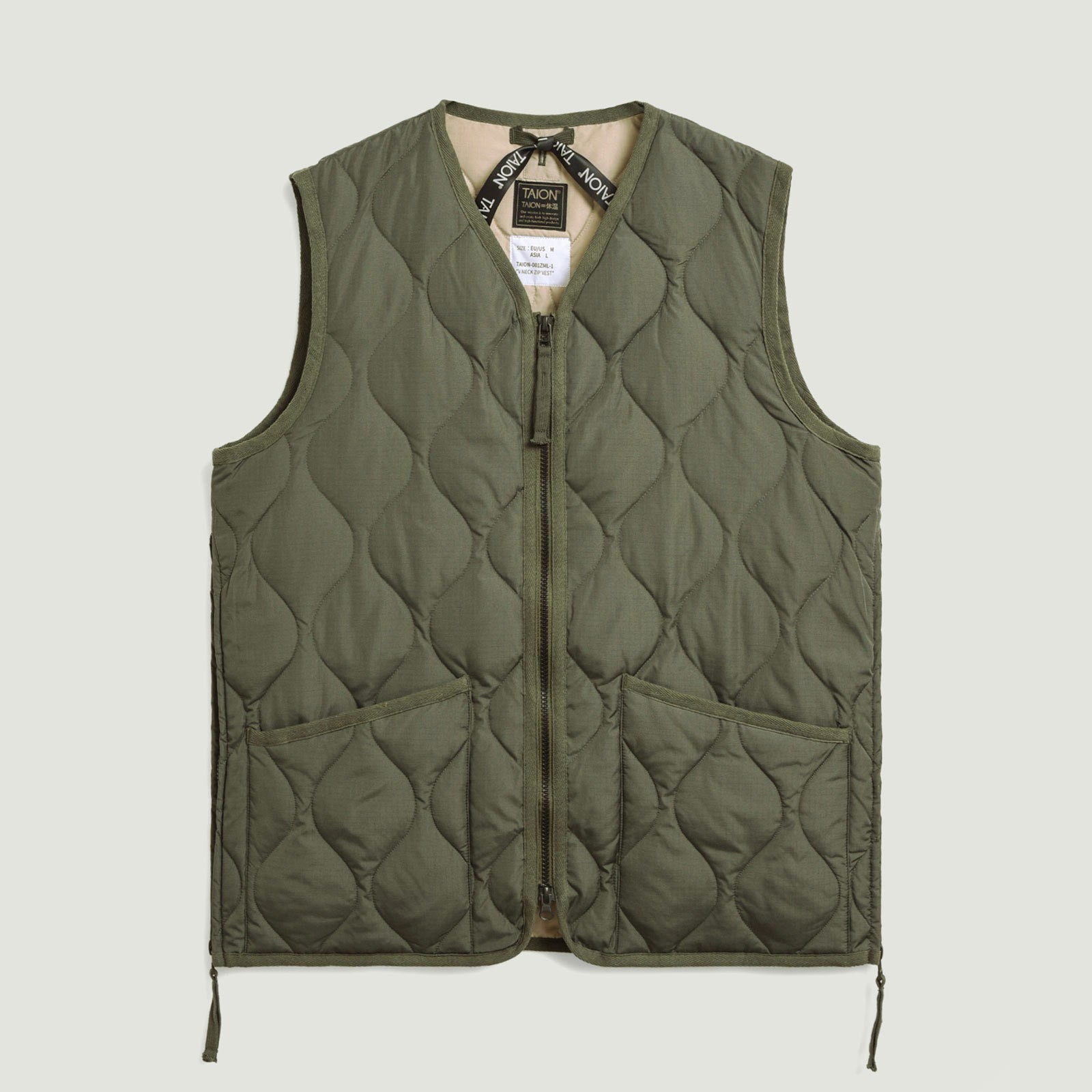 Vignettes-Taion-flâneurs-veste-sans-manche-Unisex-Military-Zip-V-Neck-Down-Vest-Olive