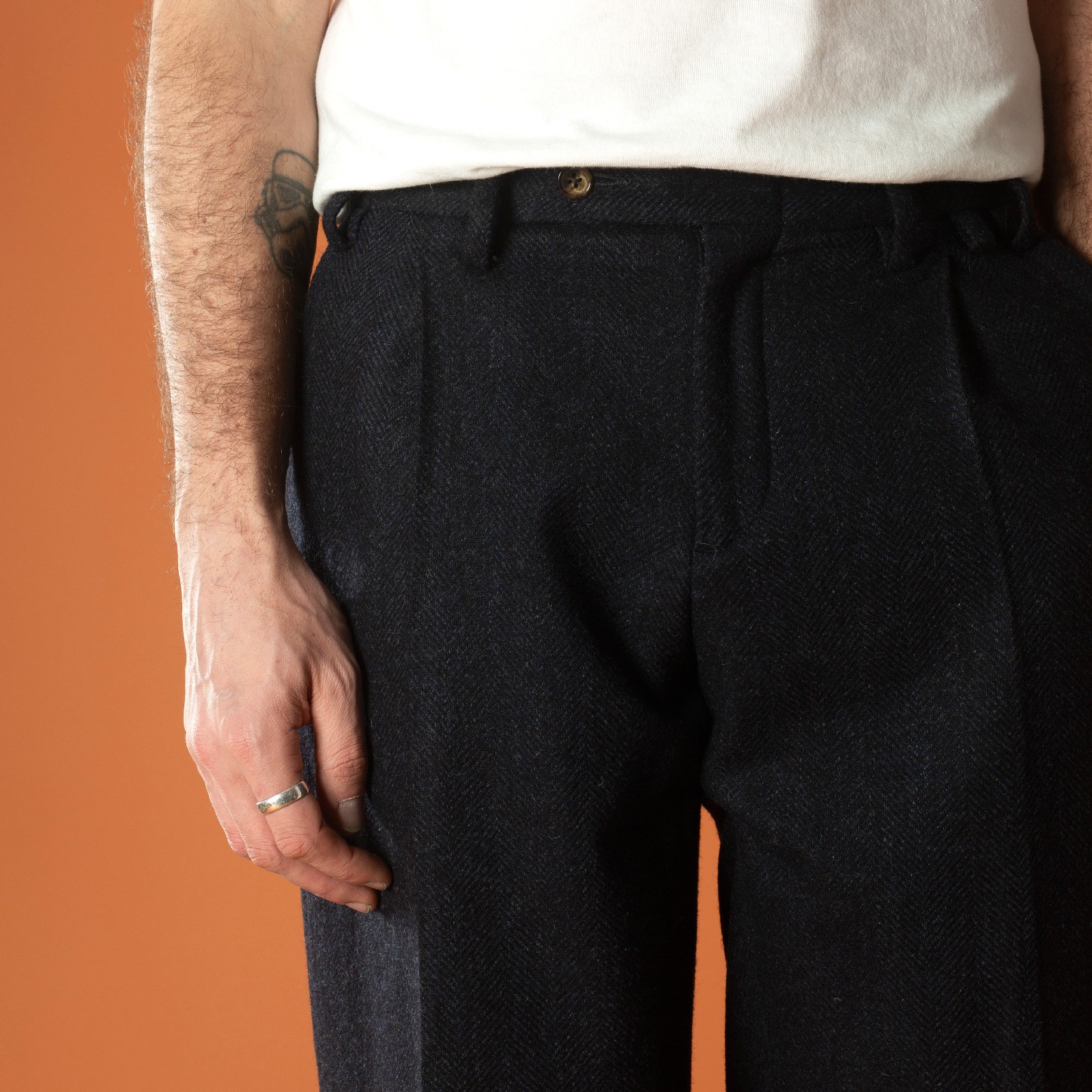 Navy Wool Herringbone Trousers by PORTUGUESE FLANNEL