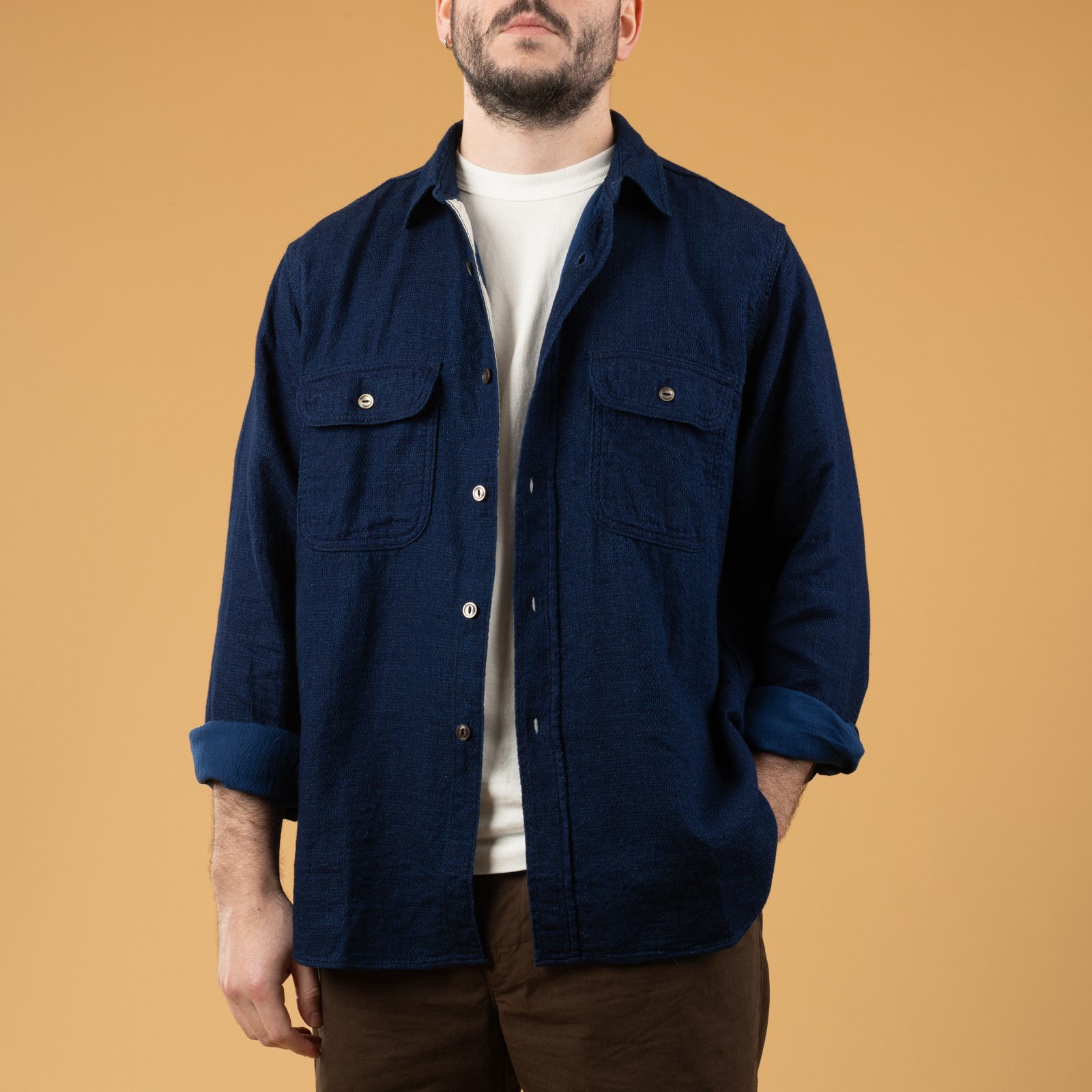 Image flâneurs ouverte de face FOB FACTORY  F3507 Indigo Panama Double Gauze Navy (1)